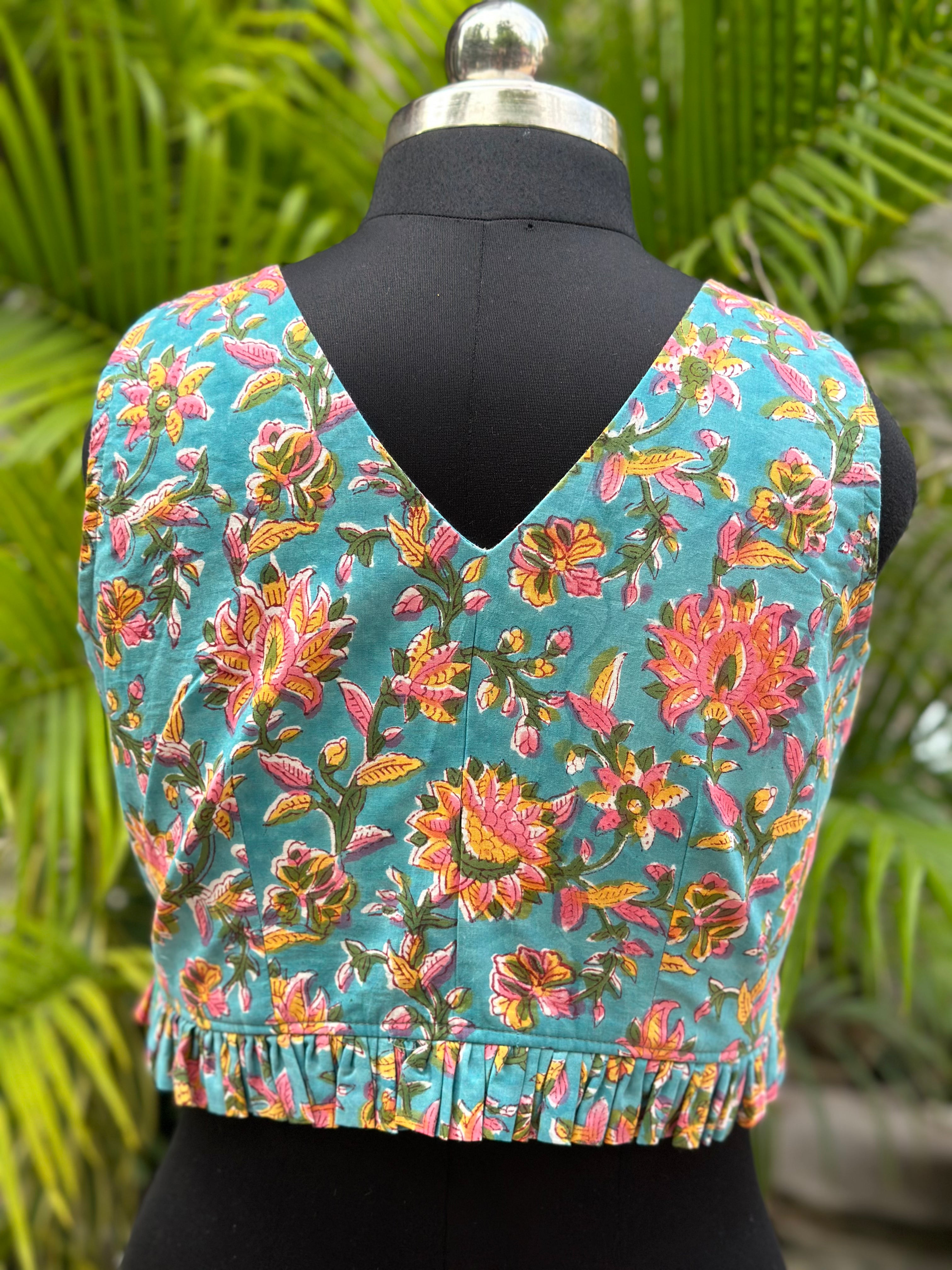 Blue Sanganeri Handblock Print Cotton Blouse with Frills