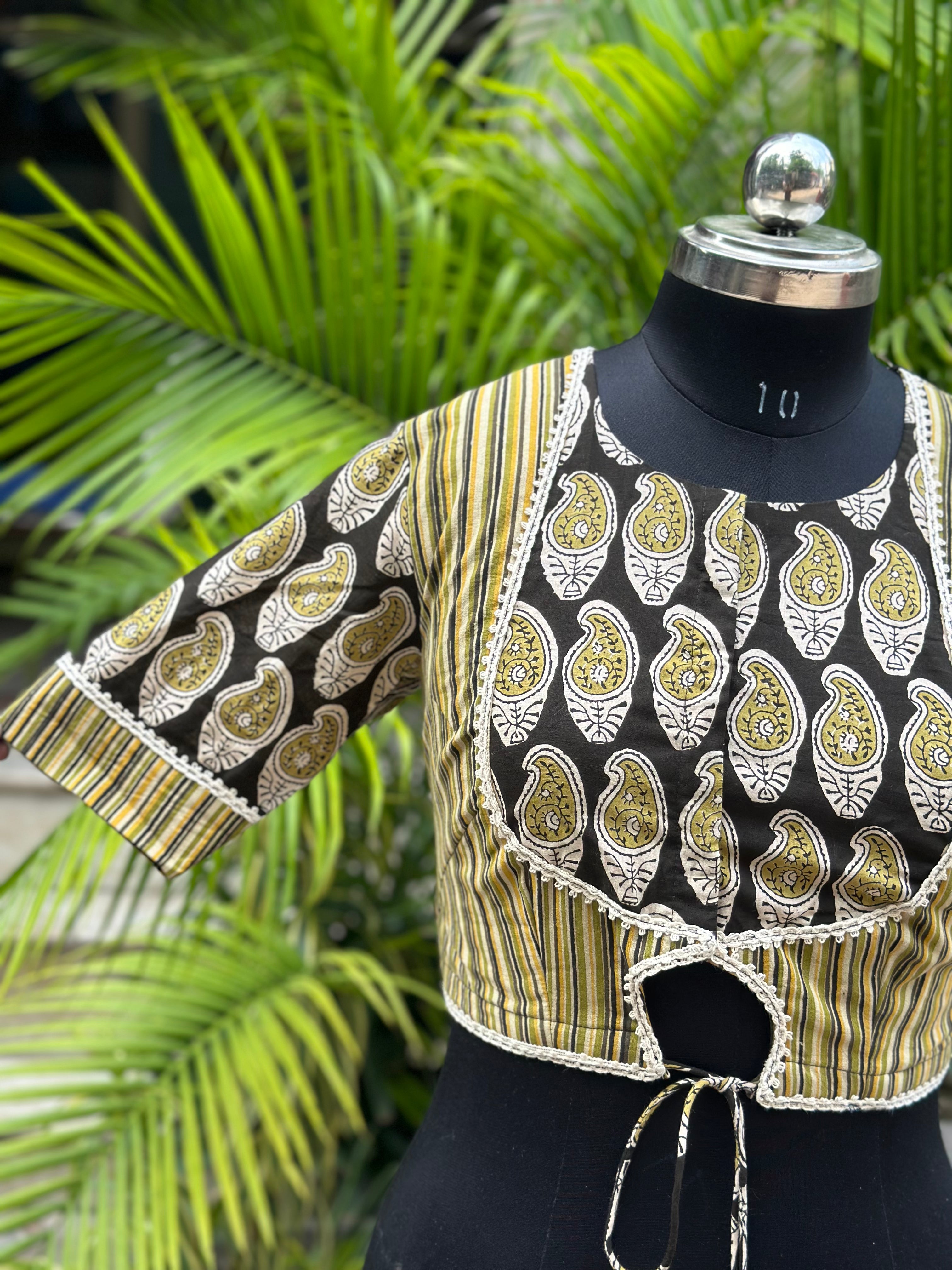 Olive Bagru Handblock Print Cotton Blouse with Gota Work