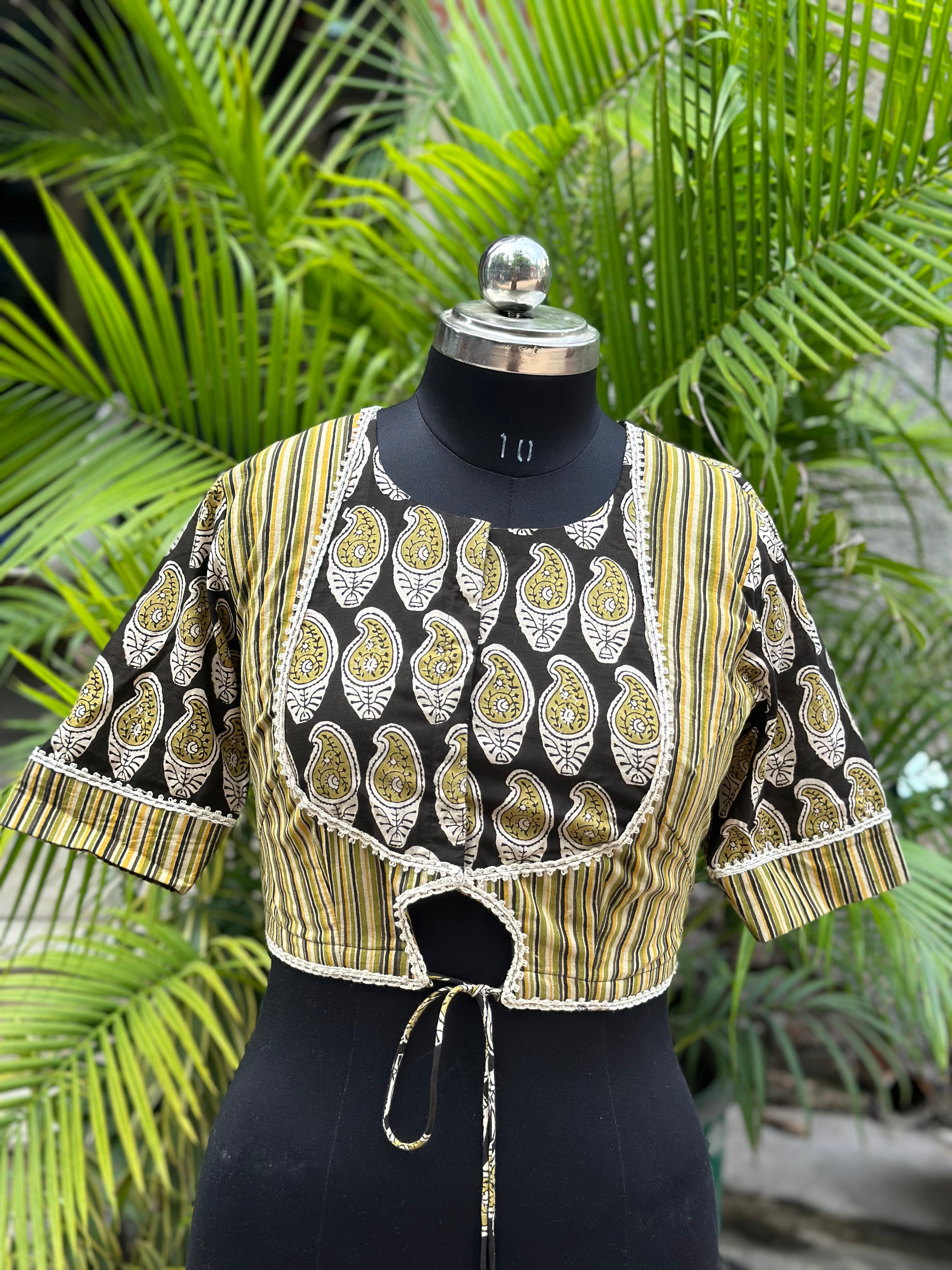 Olive Bagru Handblock Print Cotton Blouse with Gota Work