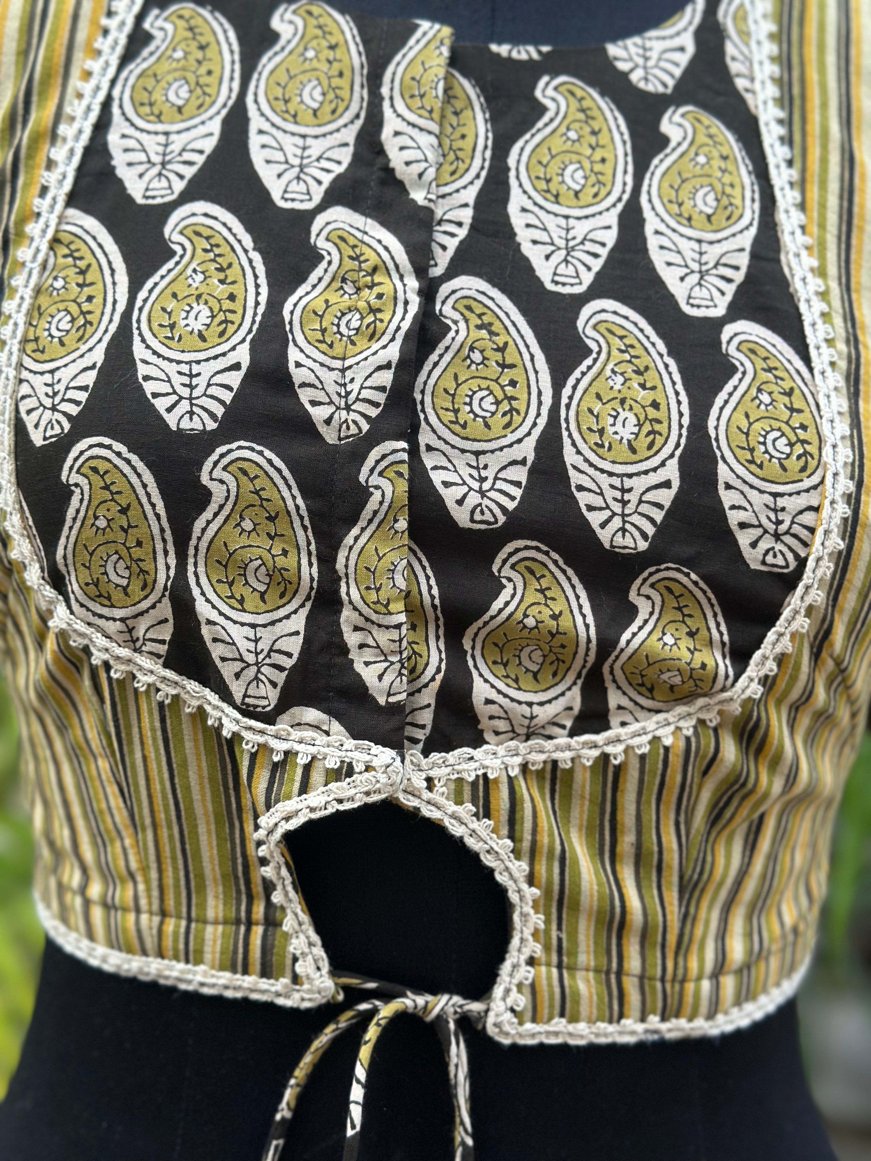 Olive Bagru Handblock Print Cotton Blouse with Gota Work
