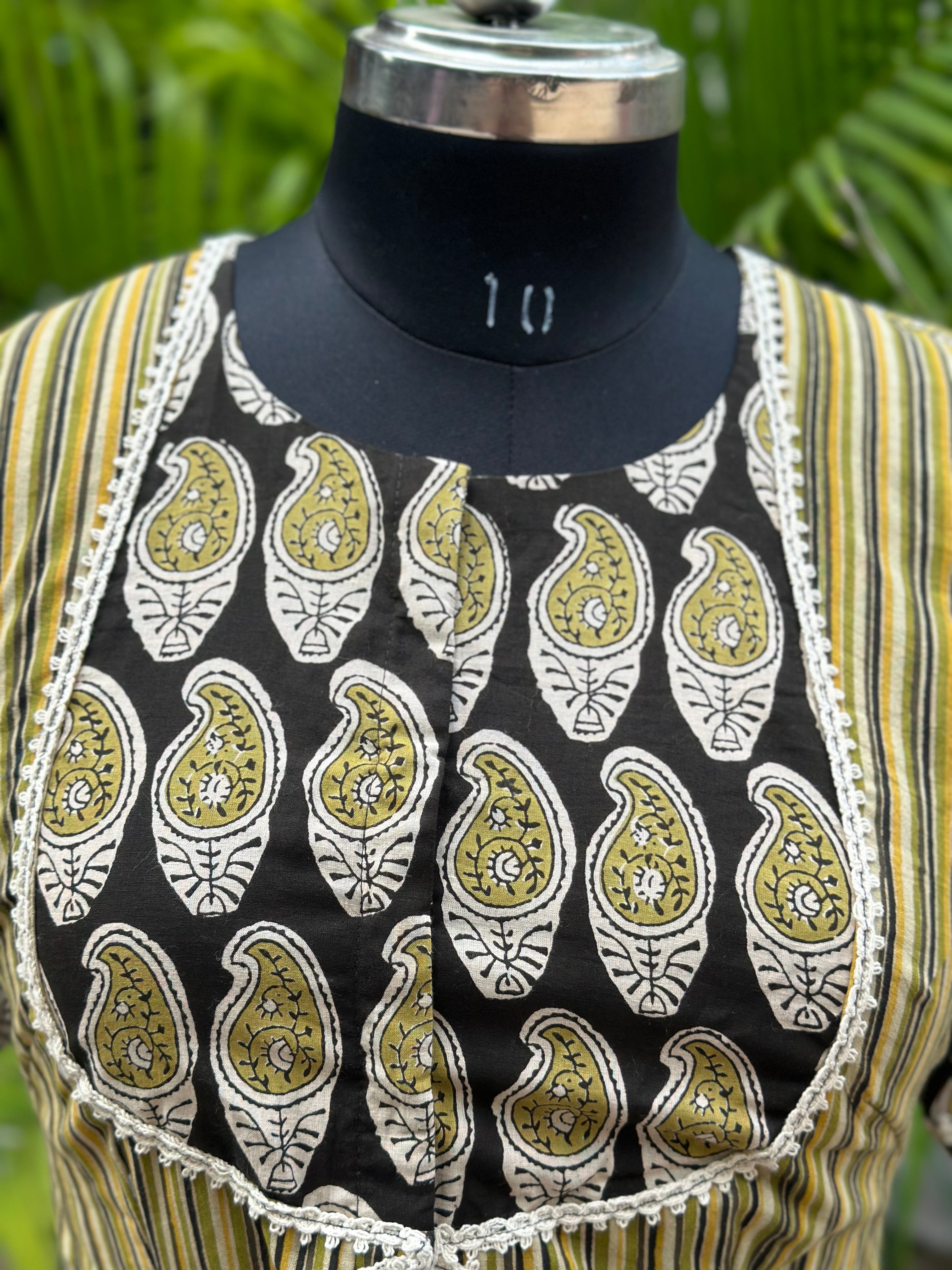 Olive Bagru Handblock Print Cotton Blouse with Gota Work