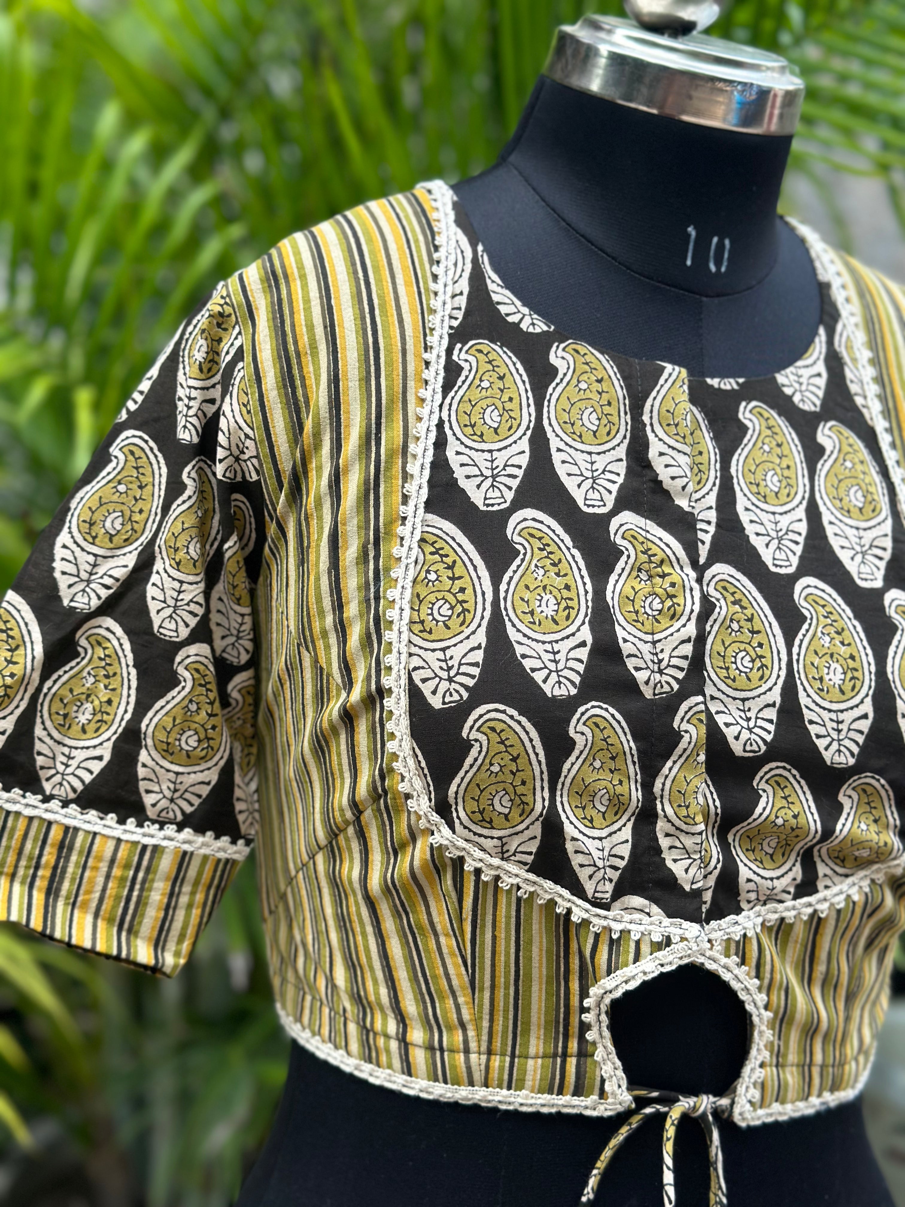 Olive Bagru Handblock Print Cotton Blouse with Gota Work