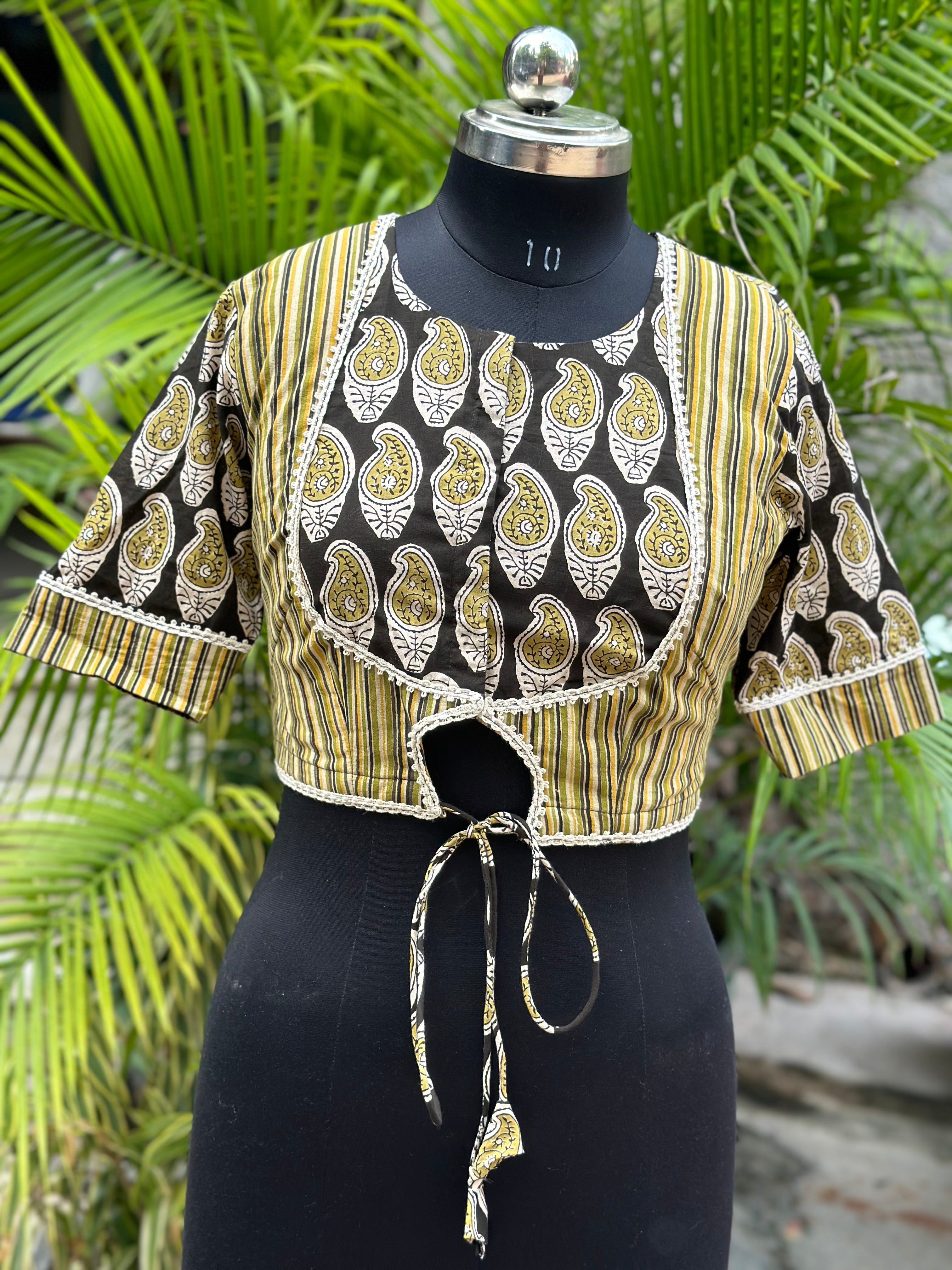 Olive Bagru Handblock Print Cotton Blouse with Gota Work