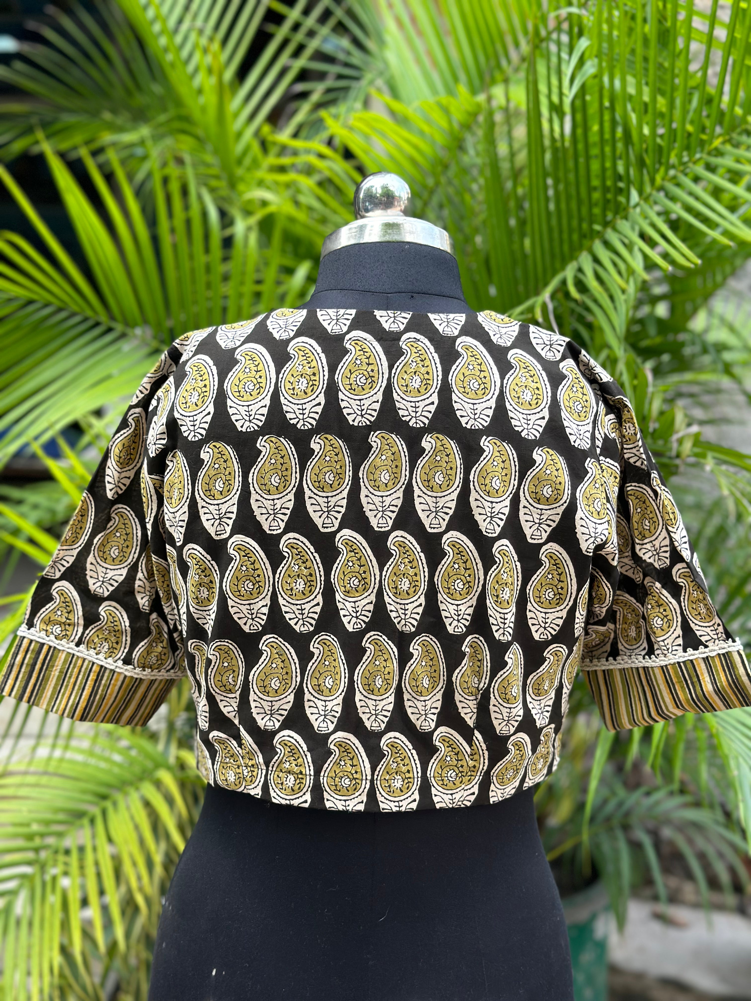 Olive Bagru Handblock Print Cotton Blouse with Gota Work