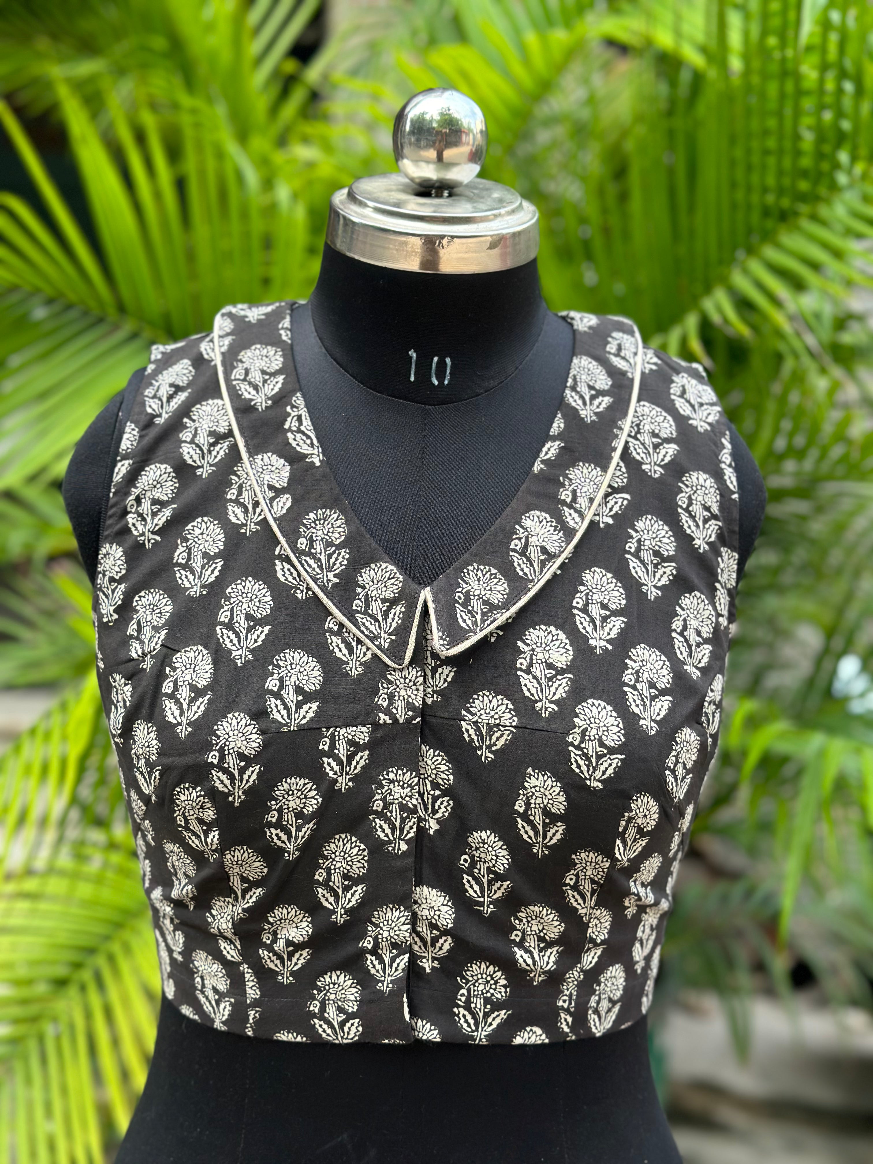 Black Bagru Handblock Print V-neck collared sleeveless cotton blouse with