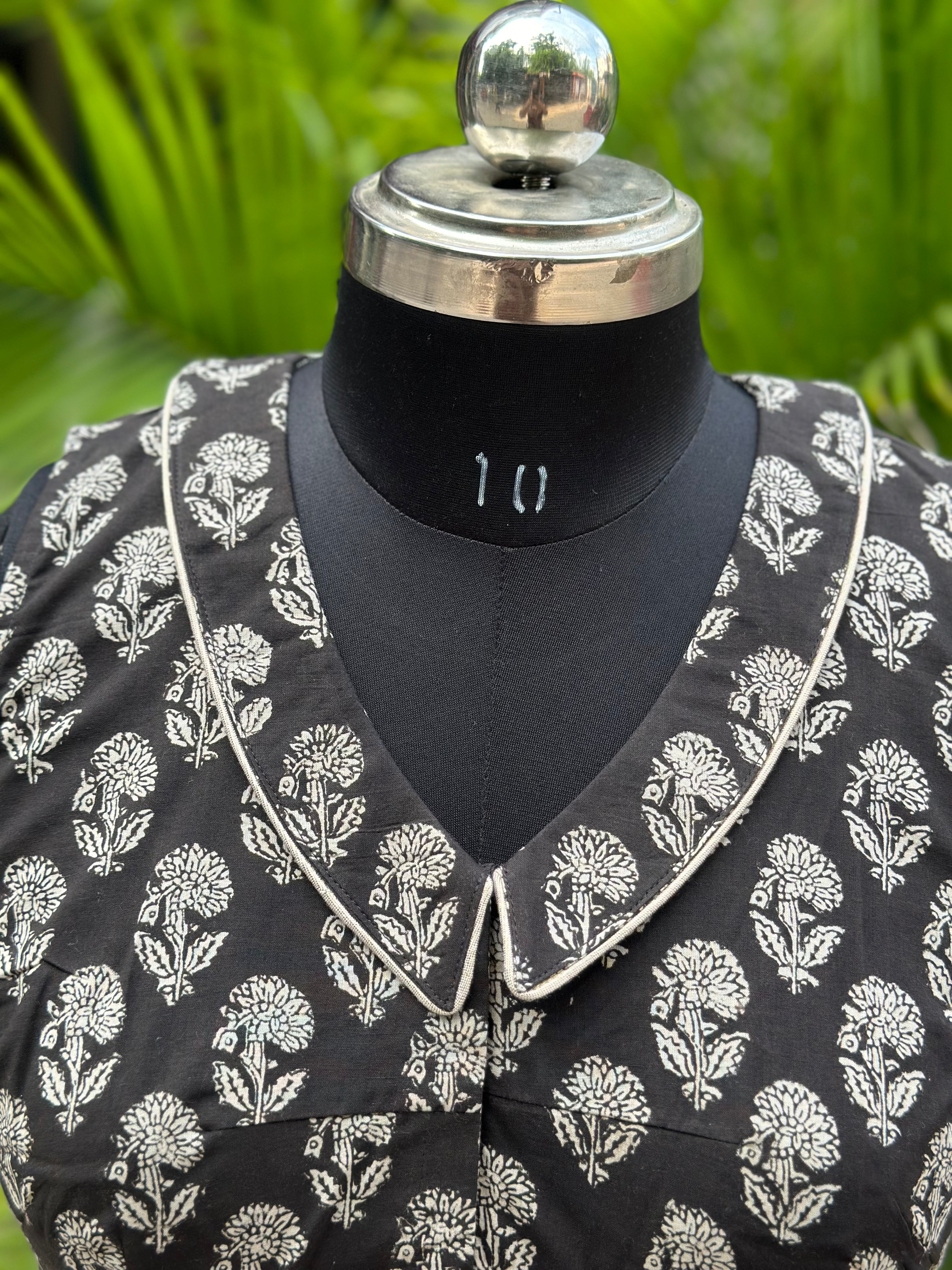 Black Bagru Handblock Print V-neck collared sleeveless cotton blouse with