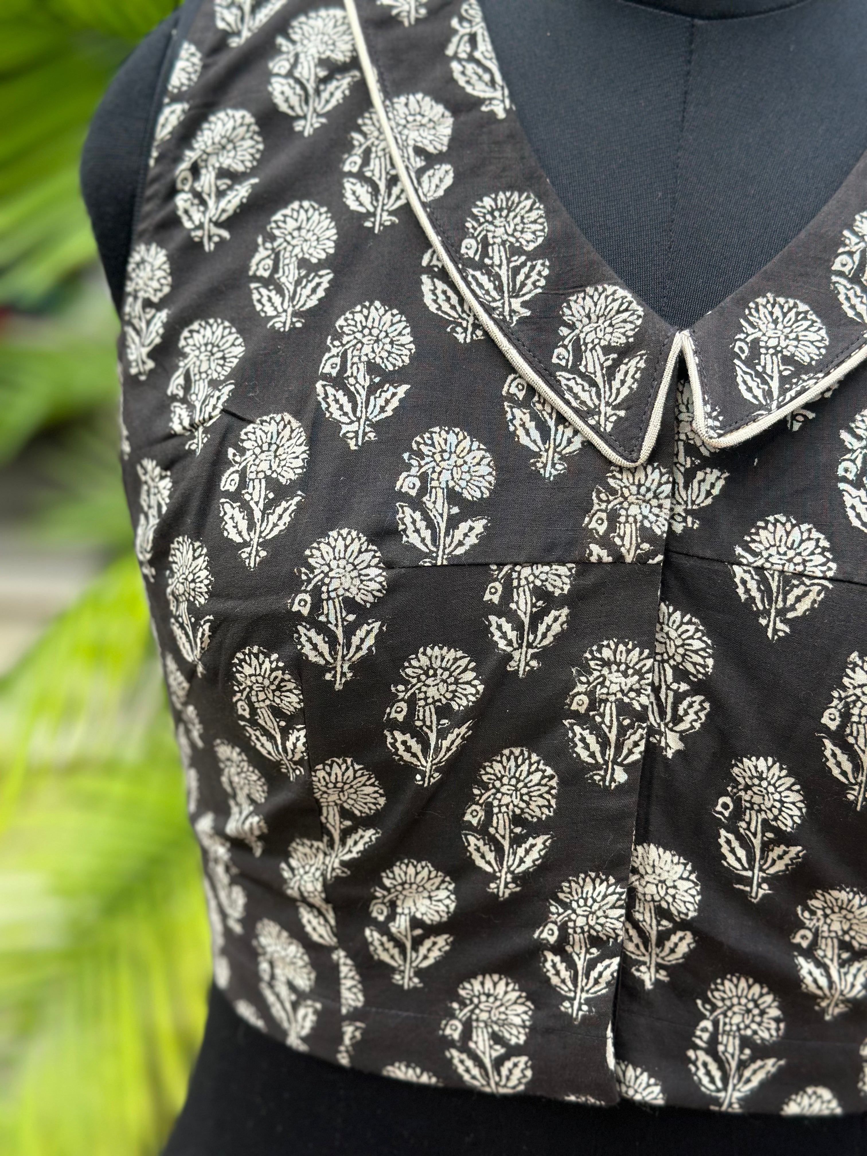 Black Bagru Handblock Print V-neck collared sleeveless cotton blouse with