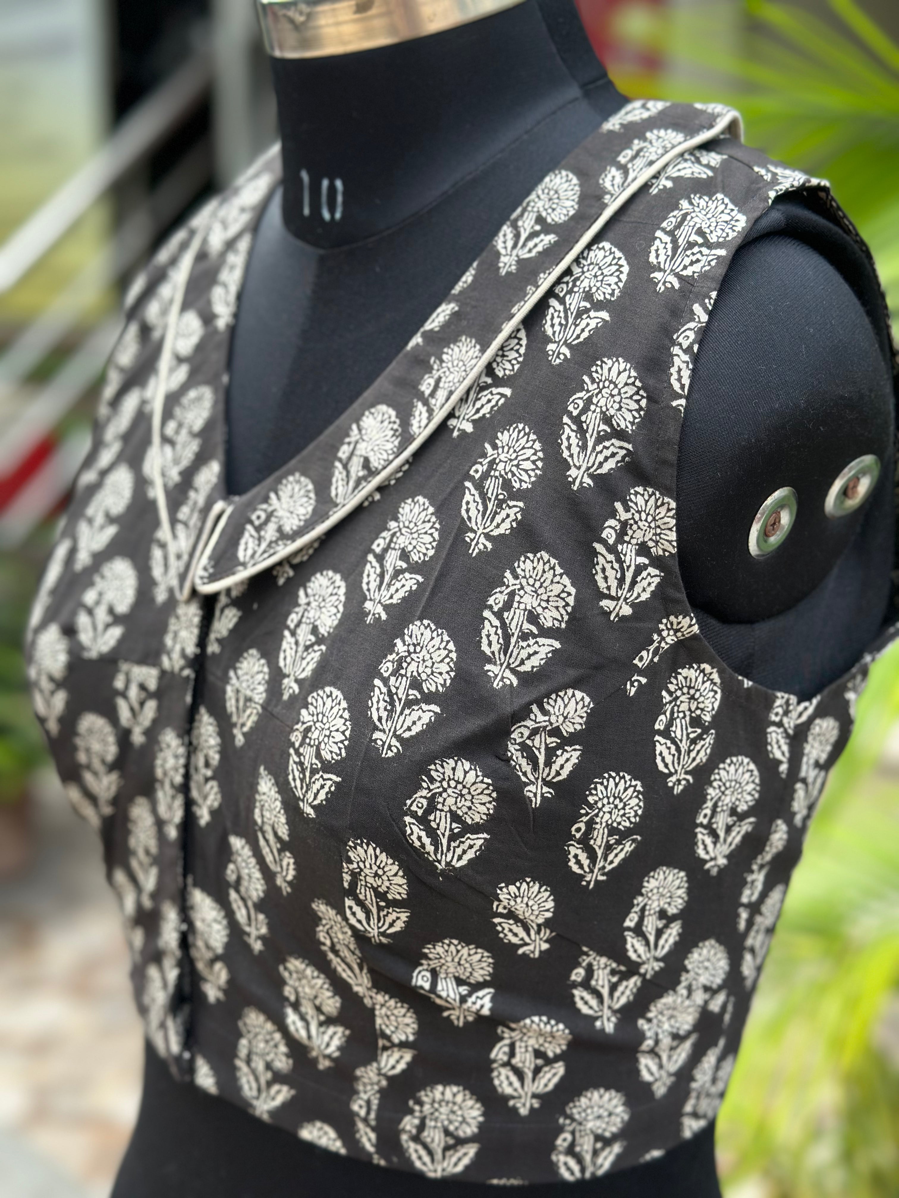 Black Bagru Handblock Print V-neck collared sleeveless cotton blouse with