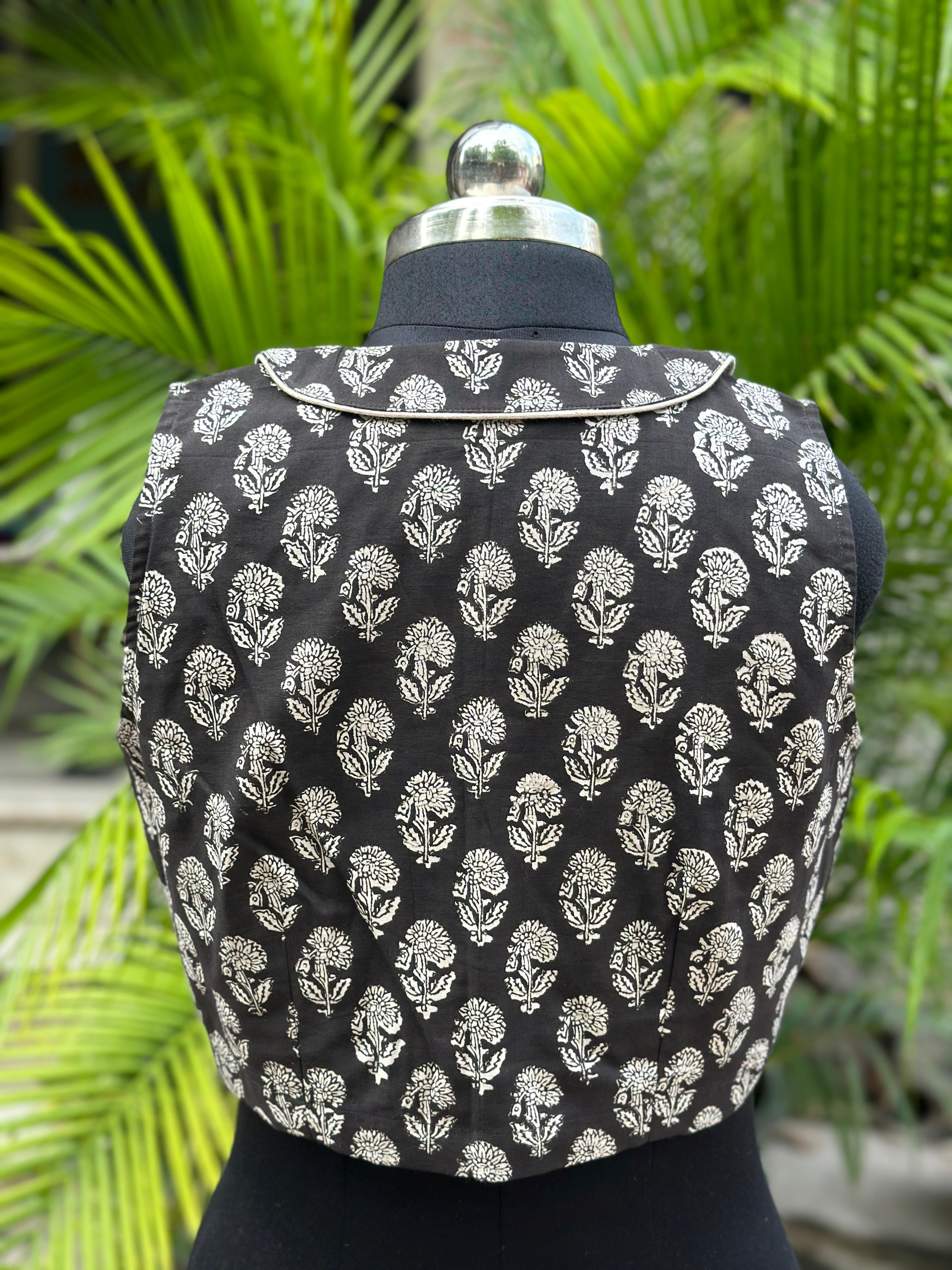 Black Bagru Handblock Print V-neck collared sleeveless cotton blouse with