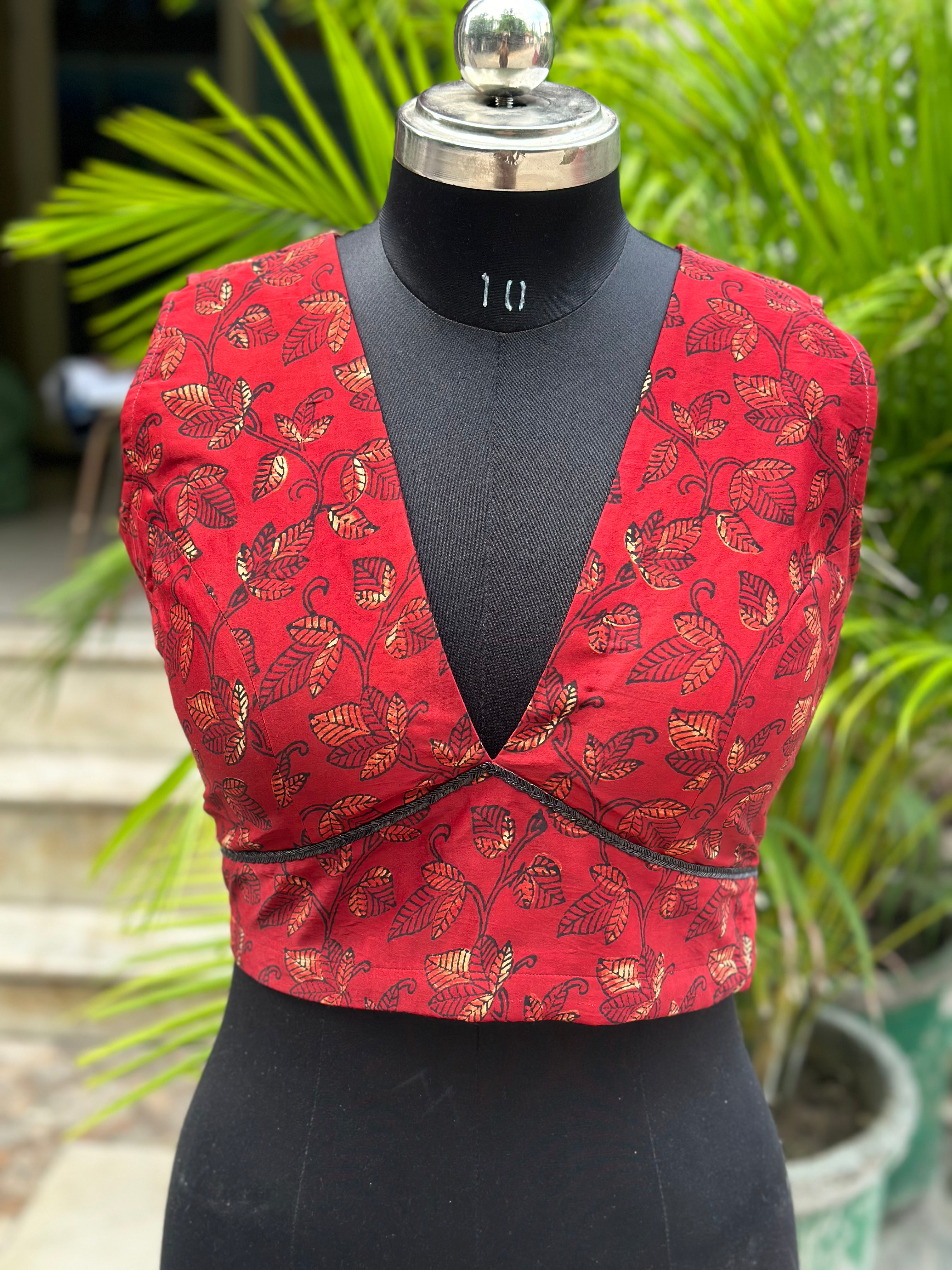 Red Vanaspati Print Modal Satin Blouse with Beaded lace