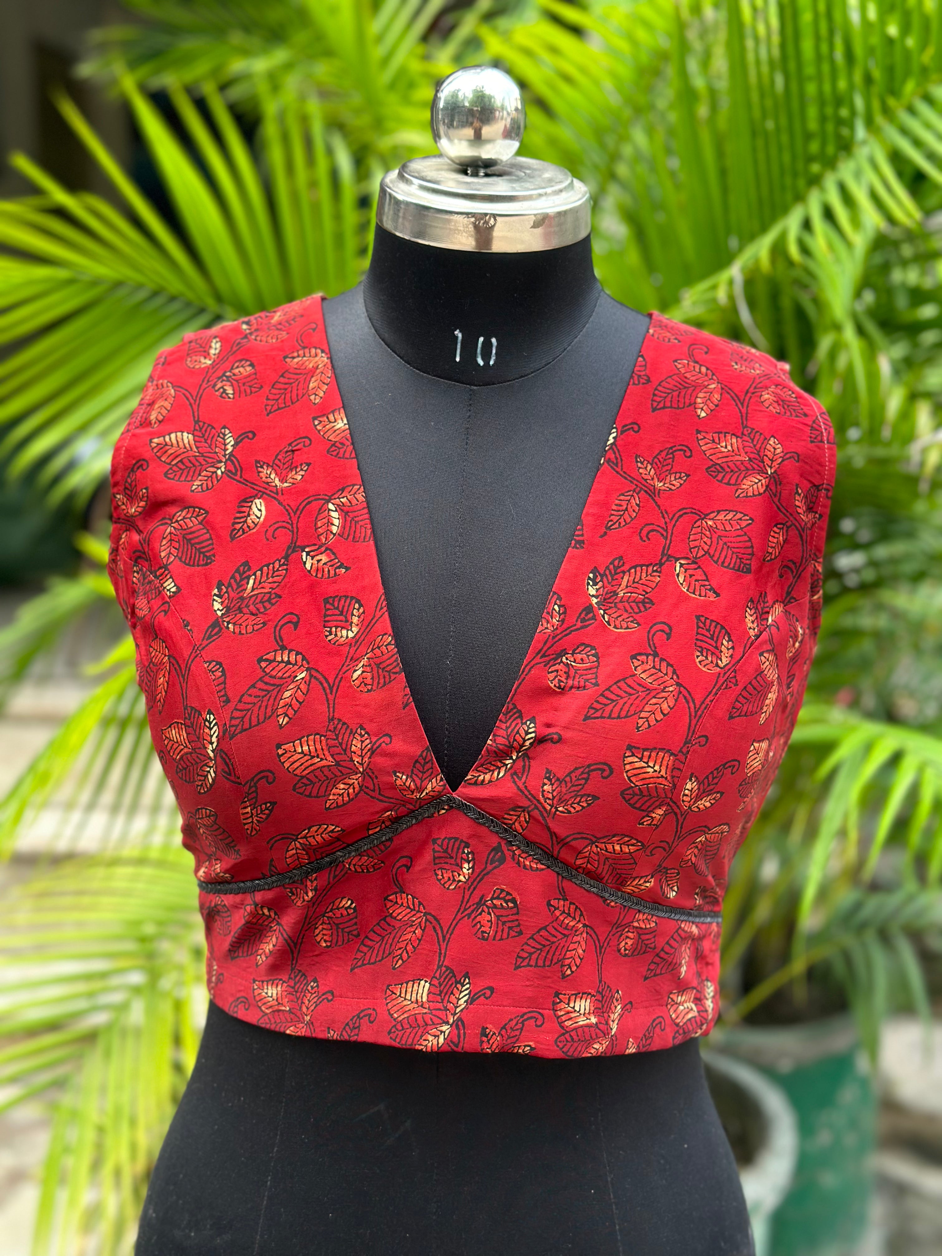 Red Vanaspati Print Modal Satin Blouse with Beaded lace