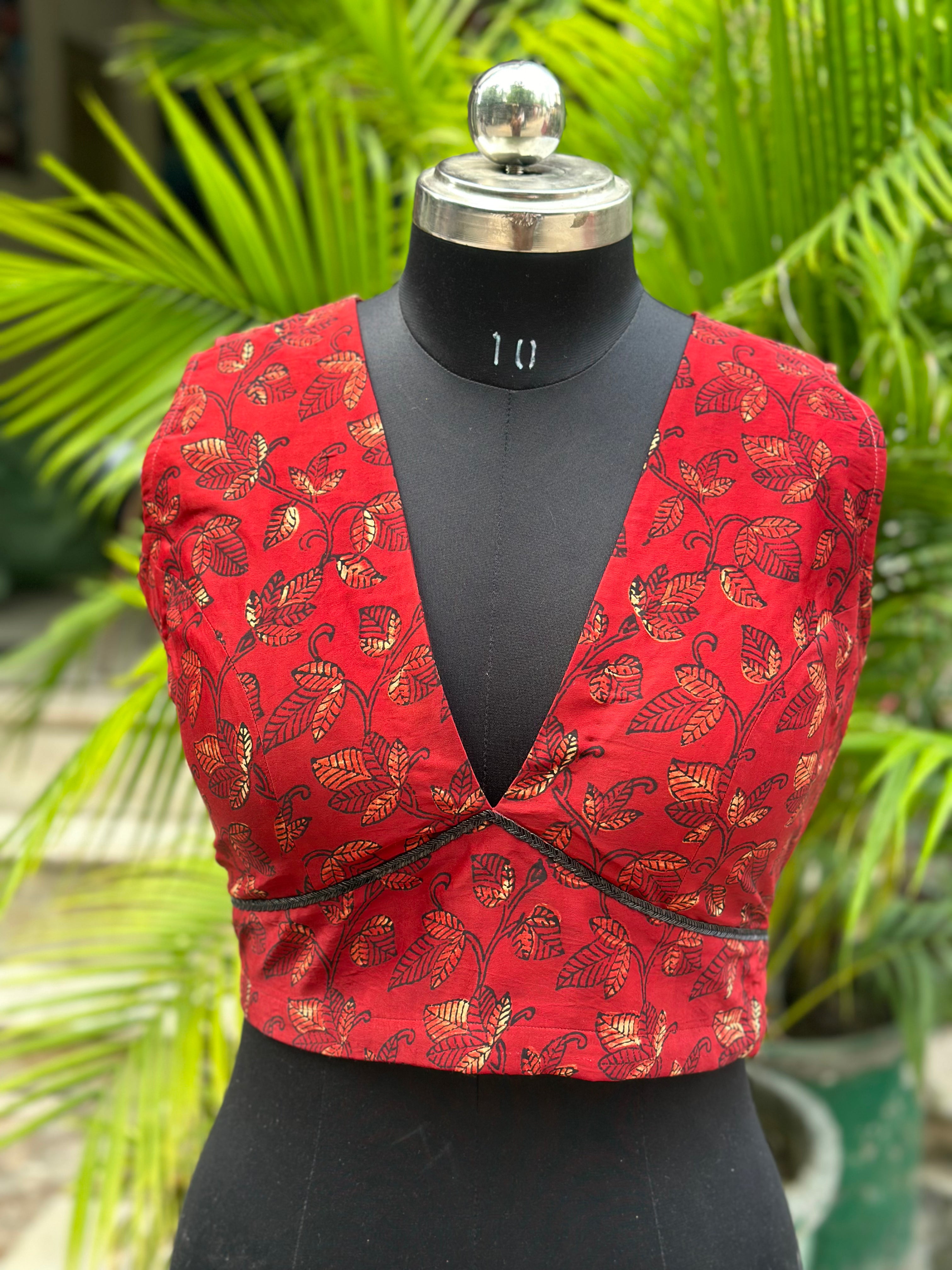 Red Vanaspati Print Modal Satin Blouse with Beaded lace