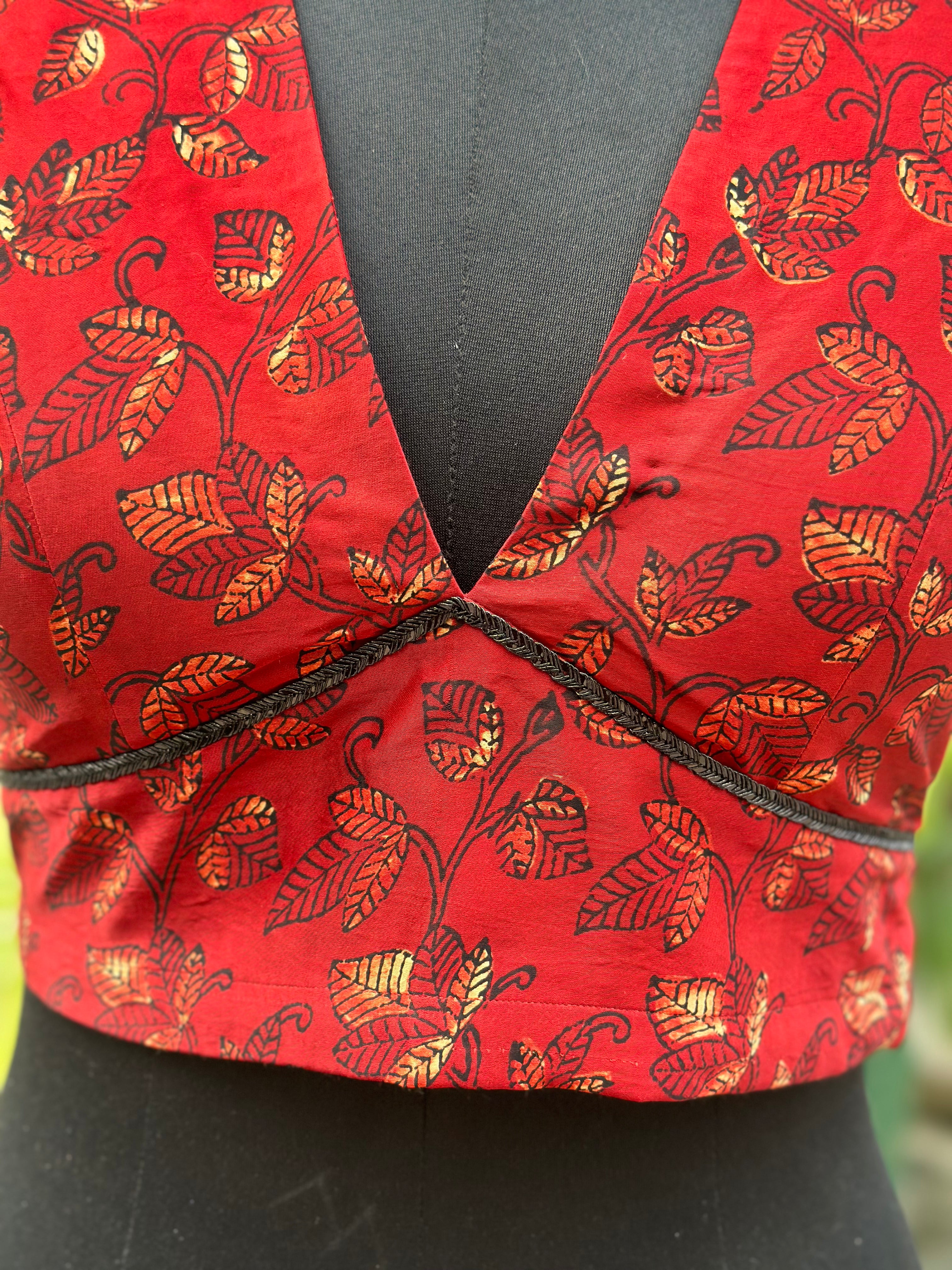 Red Vanaspati Print Modal Satin Blouse with Beaded lace