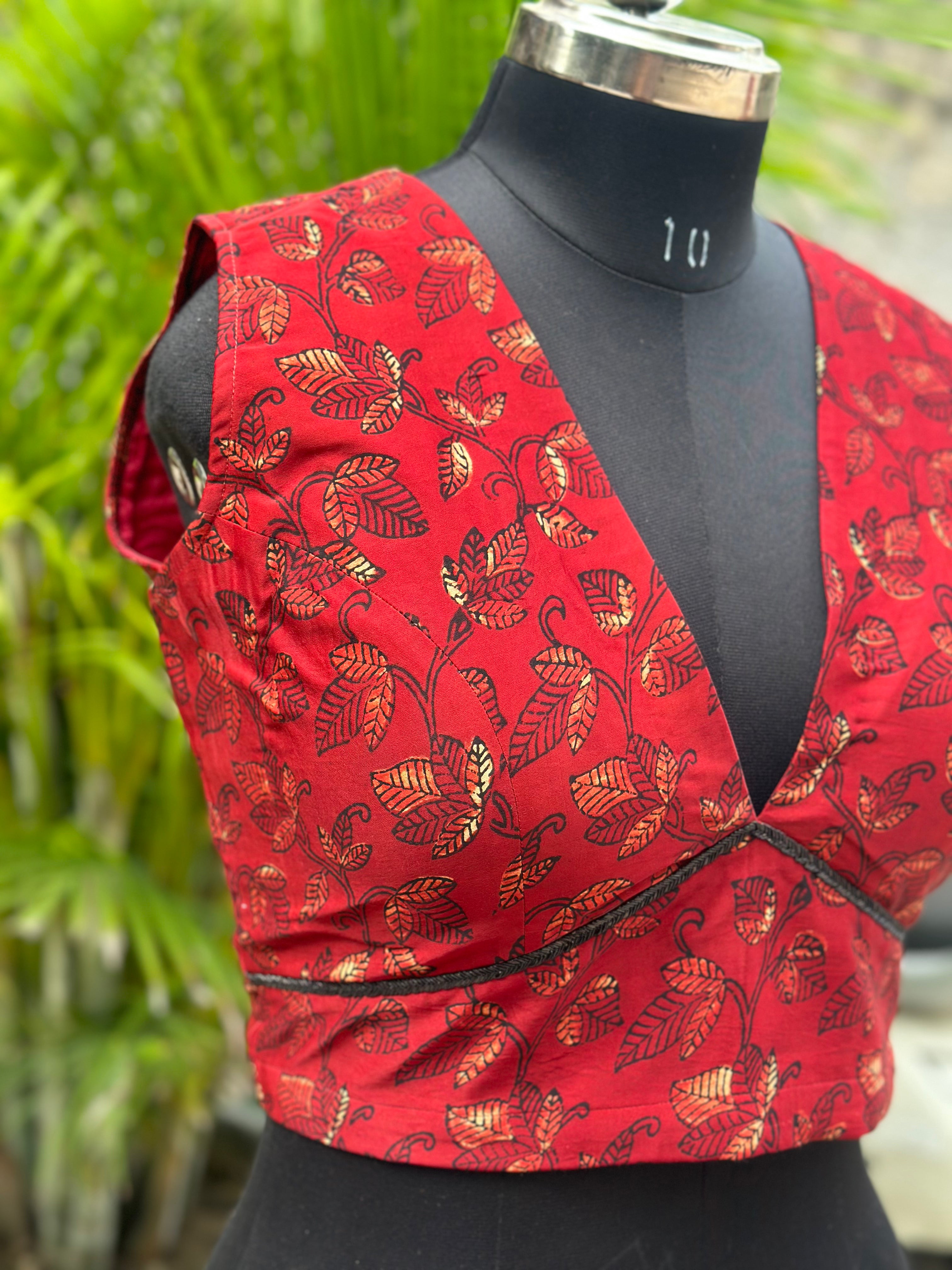 Red Vanaspati Print Modal Satin Blouse with Beaded lace