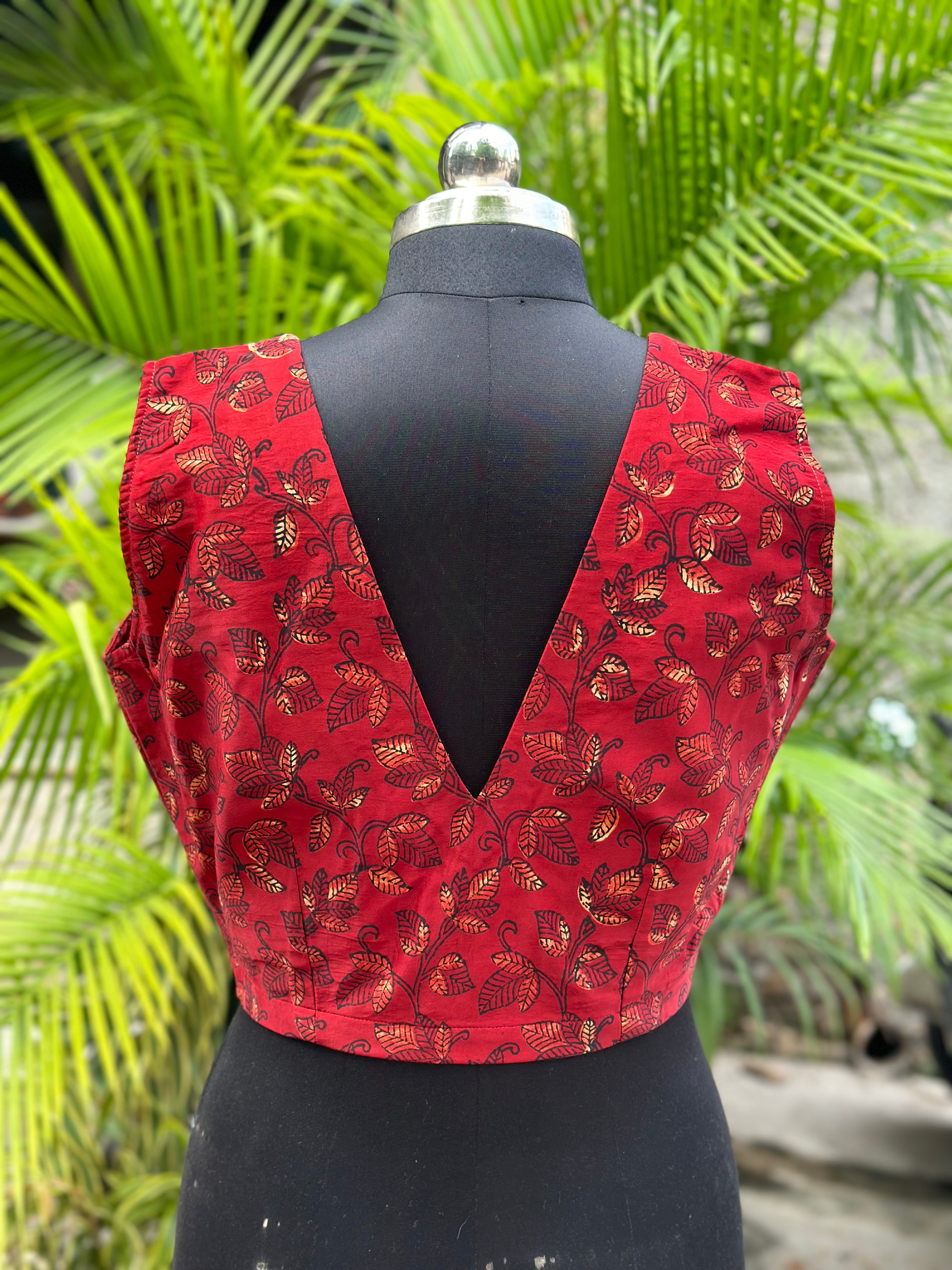 Red Vanaspati Print Modal Satin Blouse with Beaded lace