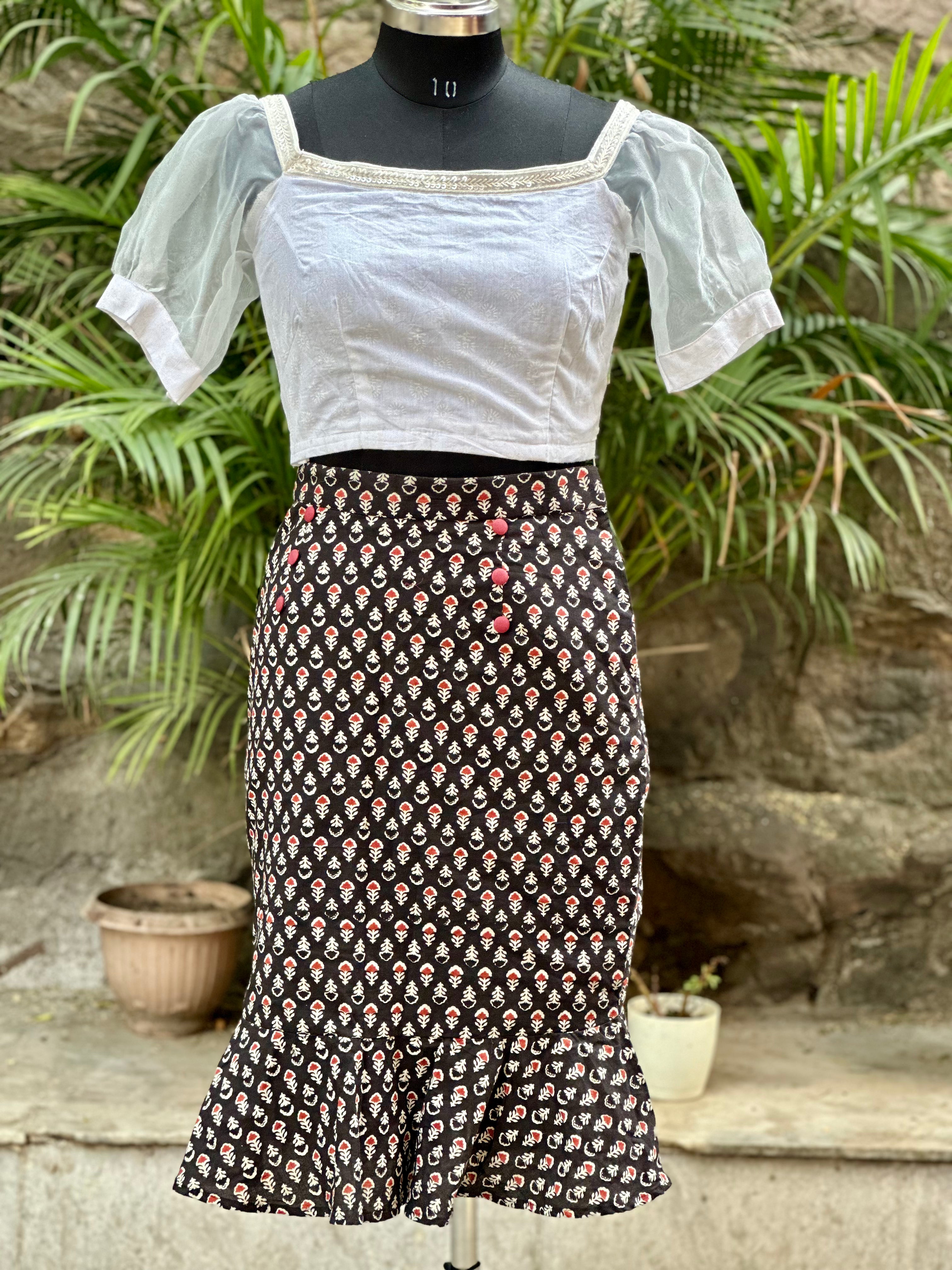 Black bagru handblock print mermaid cotton skirt