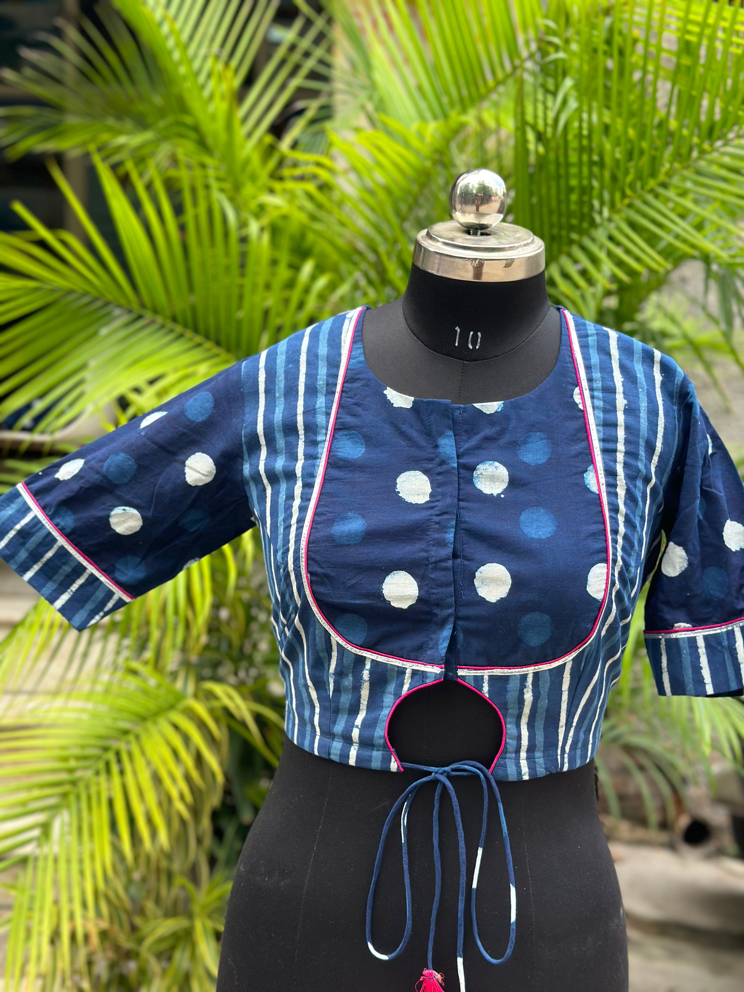 Indigo Dabu Handblock Pront Cotton Blouse with Sleeves and Gota Work