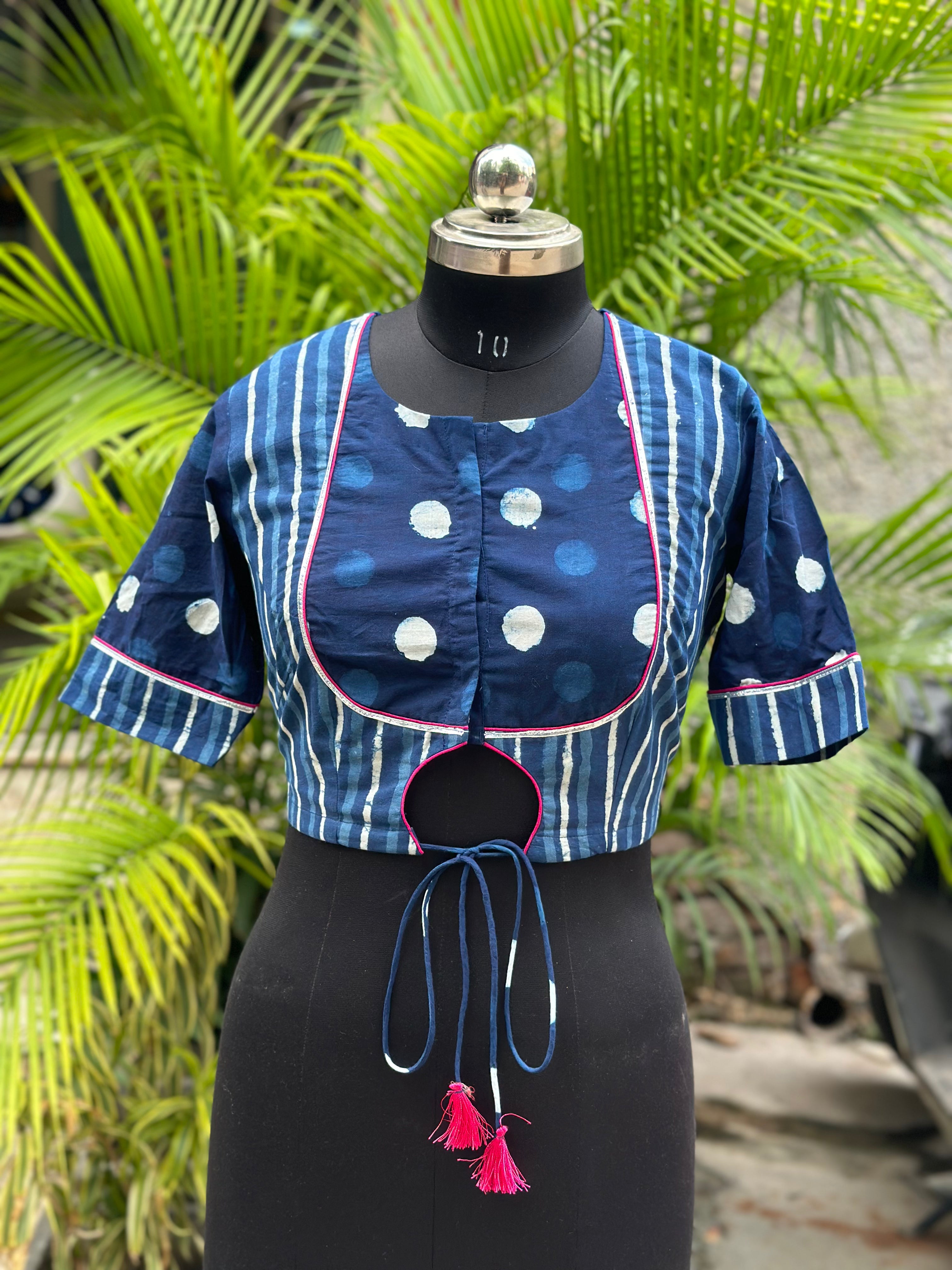 Indigo Dabu Handblock Pront Cotton Blouse with Sleeves and Gota Work