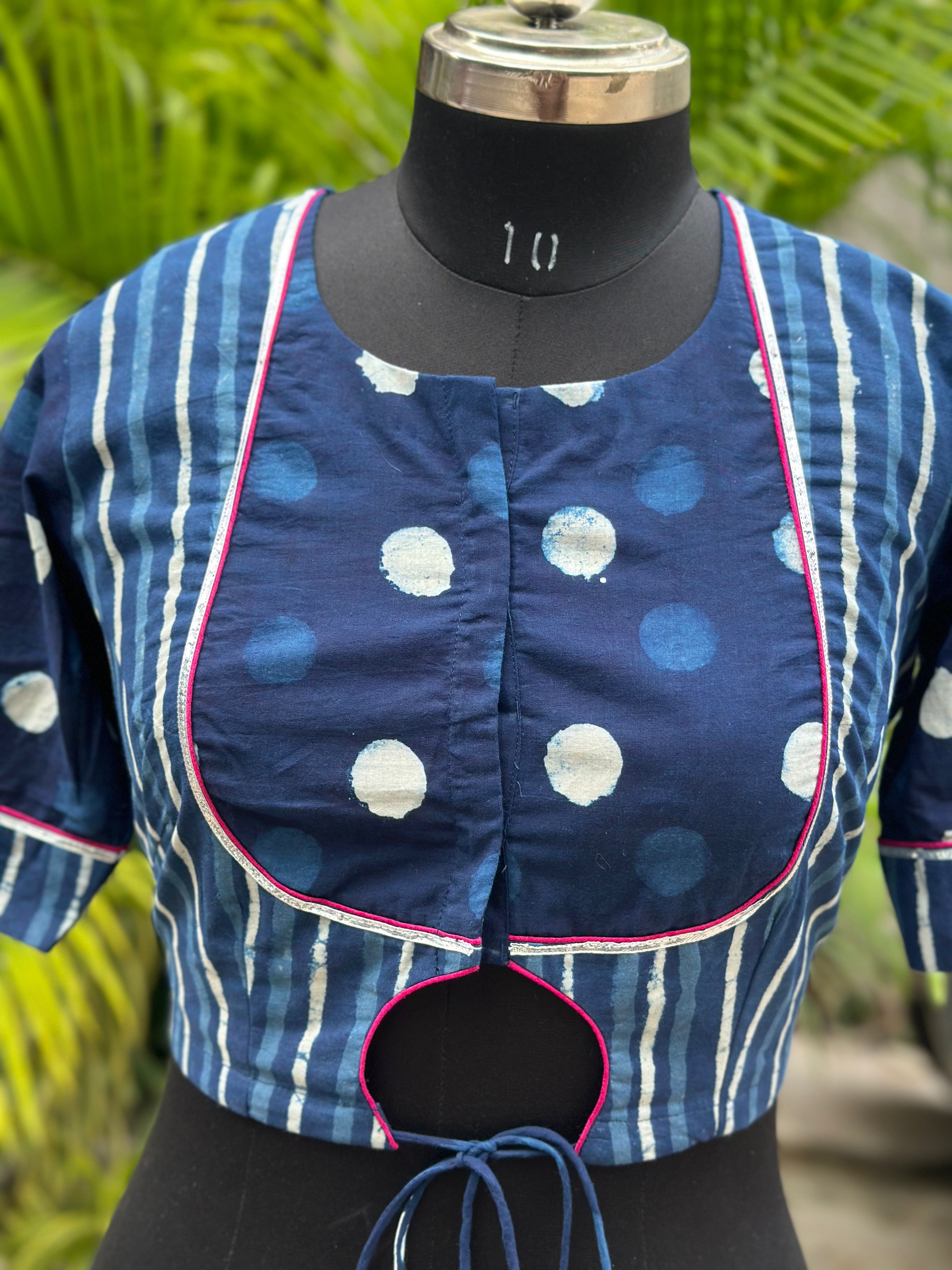 Indigo Dabu Handblock Pront Cotton Blouse with Sleeves and Gota Work