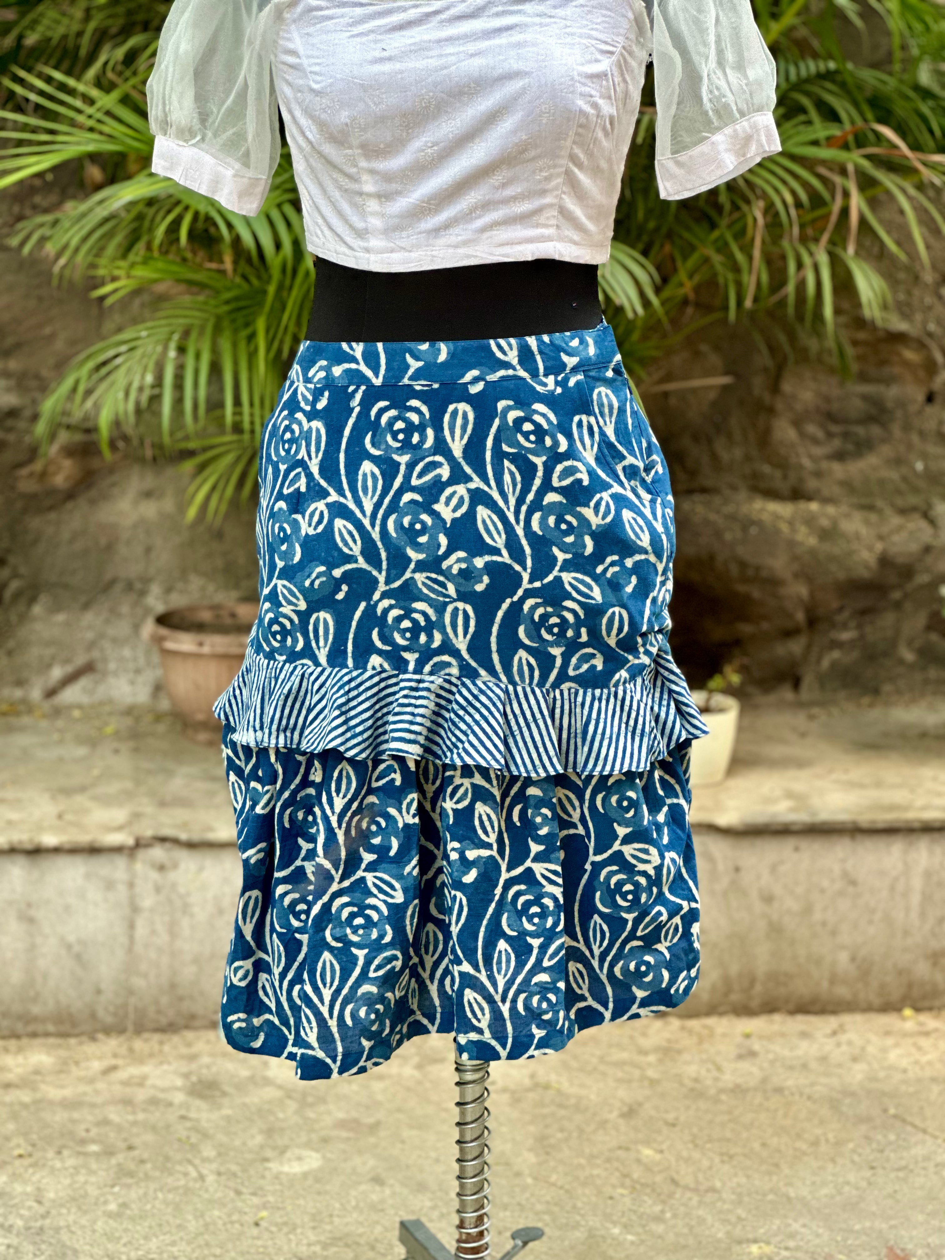 Indigo dabu handblock print tiered cotton skirt