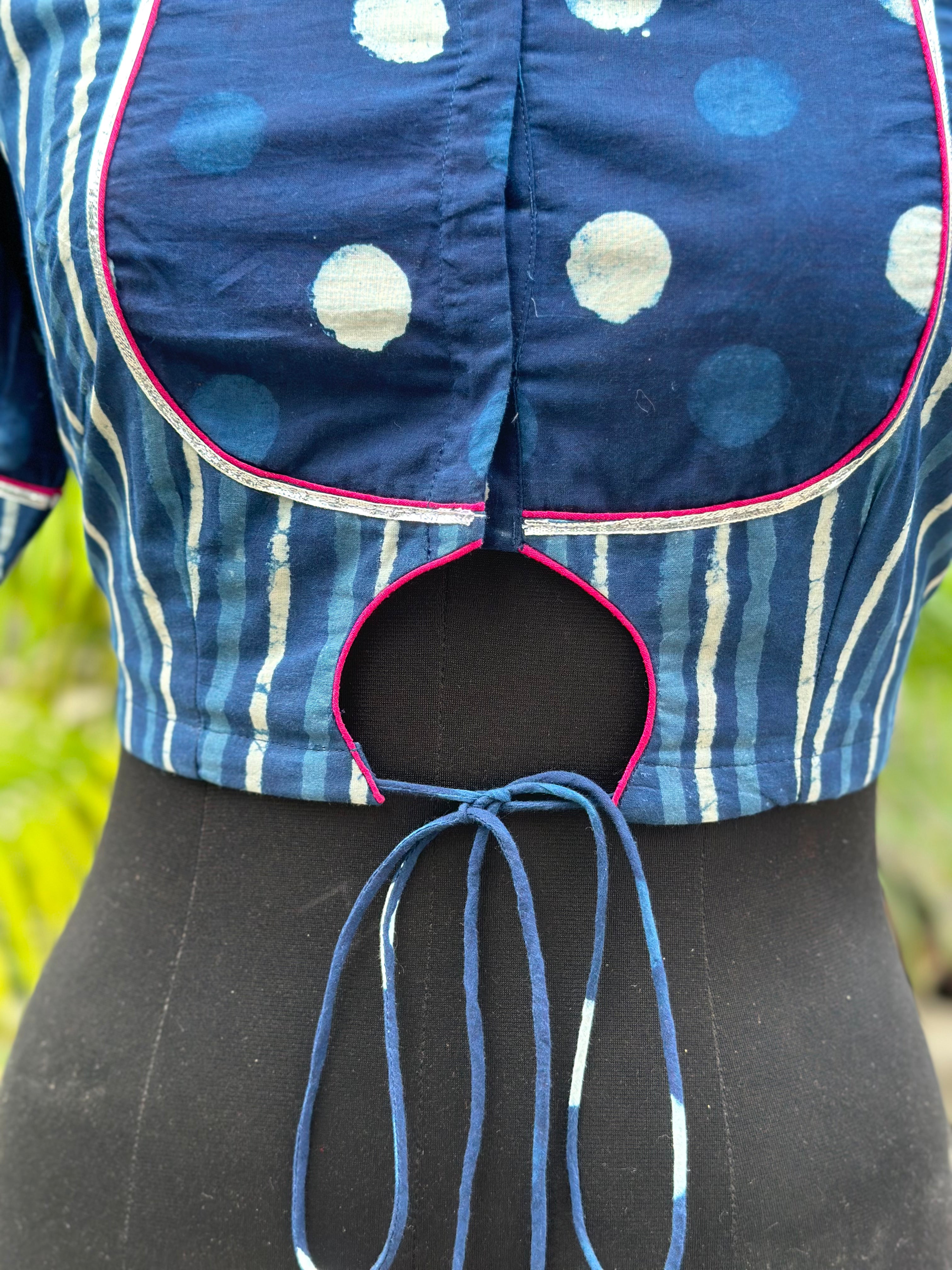Indigo Dabu Handblock Pront Cotton Blouse with Sleeves and Gota Work