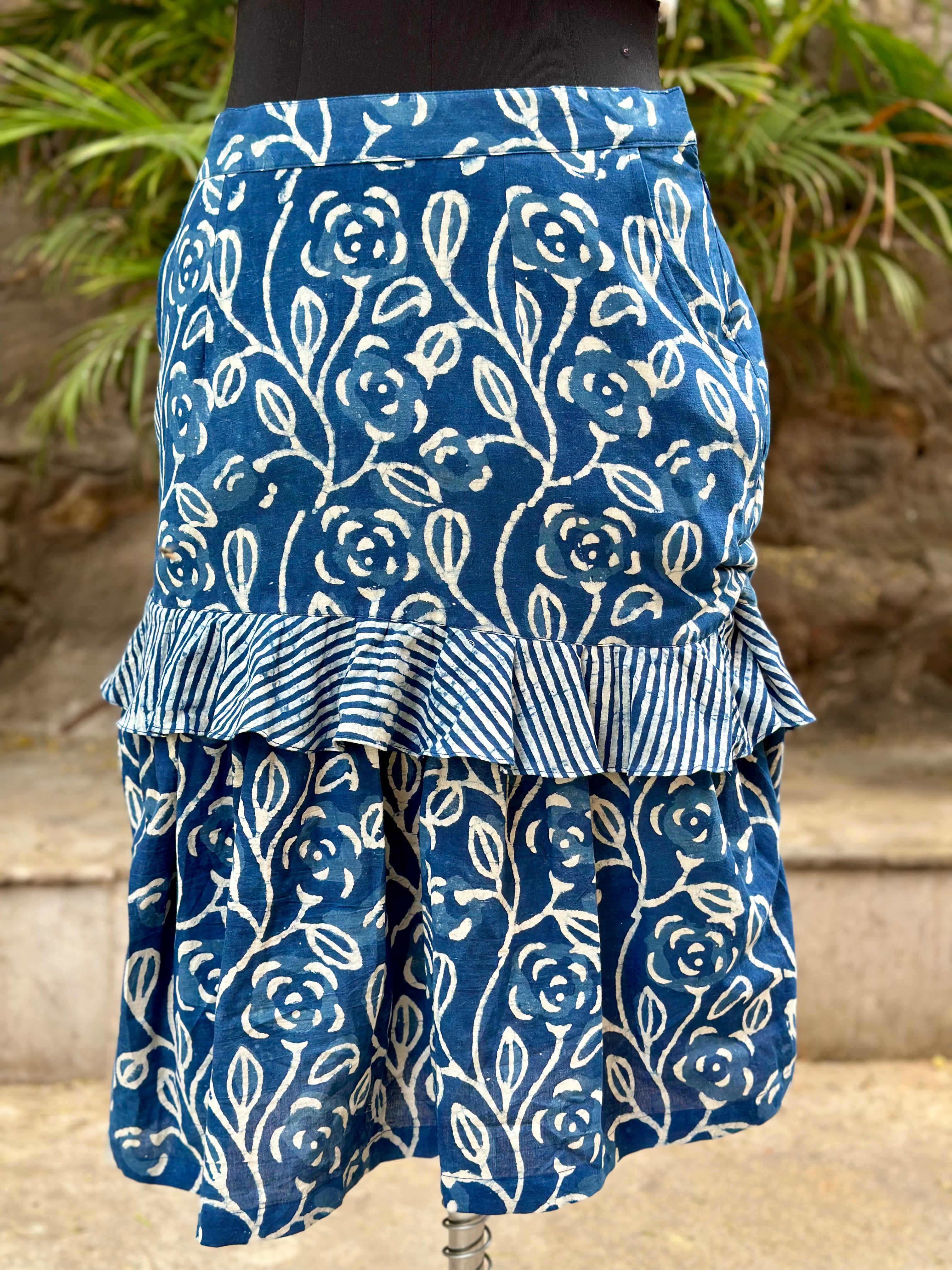Indigo dabu handblock print tiered cotton skirt