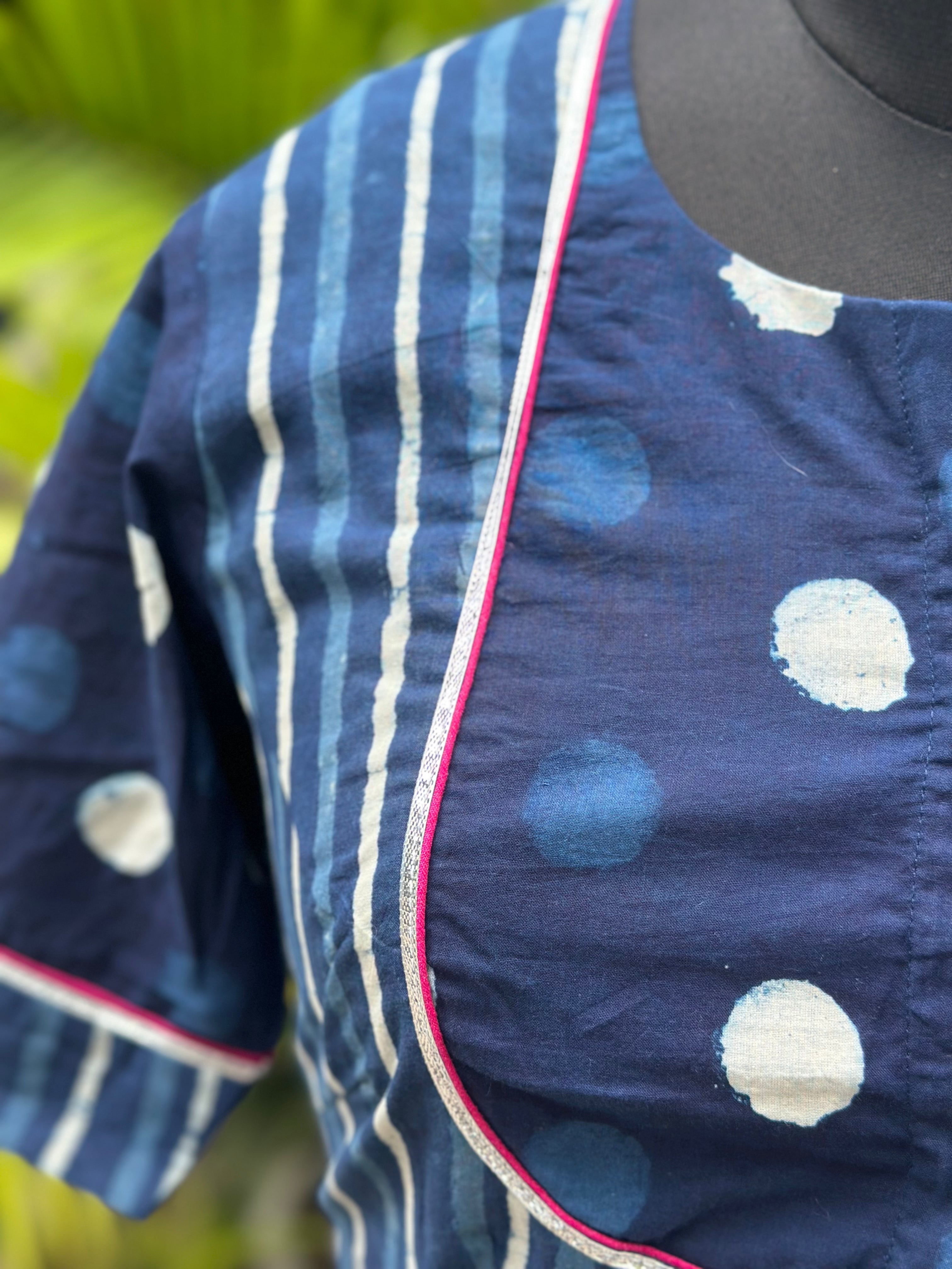 Indigo Dabu Handblock Pront Cotton Blouse with Sleeves and Gota Work