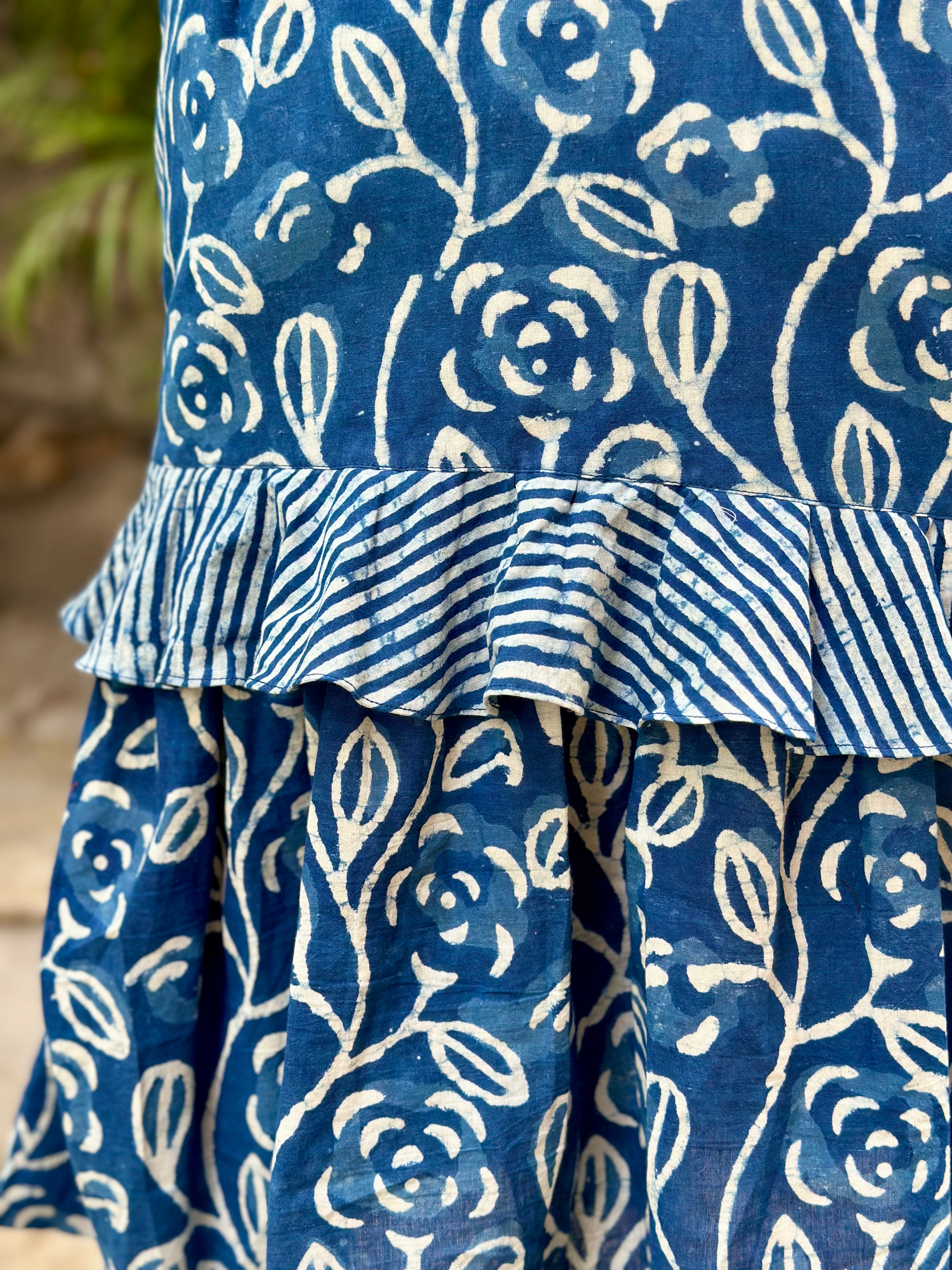 Indigo dabu handblock print tiered cotton skirt