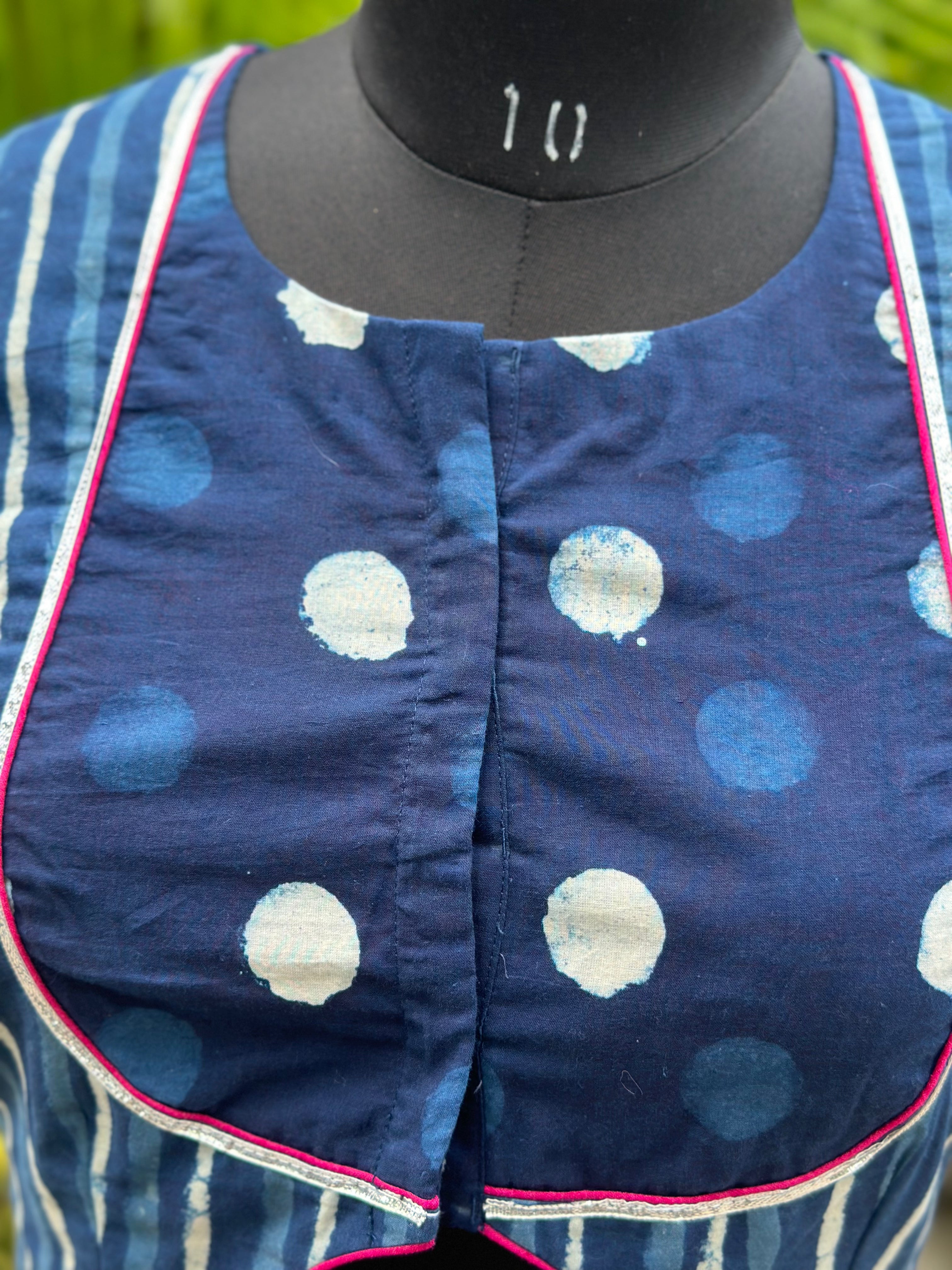 Indigo Dabu Handblock Pront Cotton Blouse with Sleeves and Gota Work