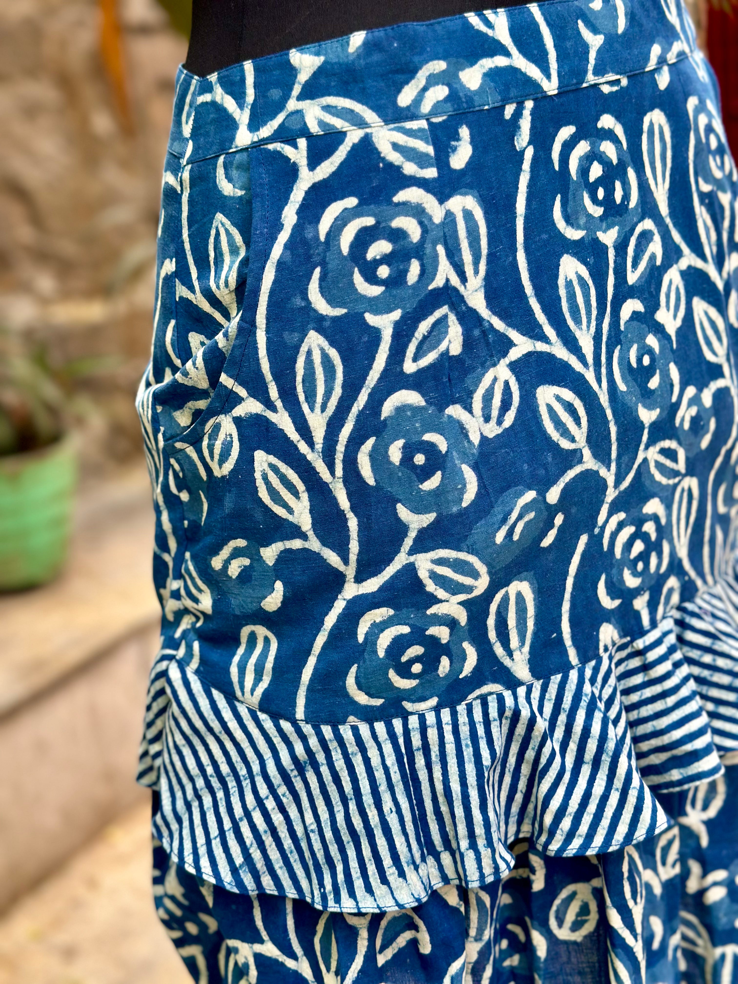Indigo dabu handblock print tiered cotton skirt