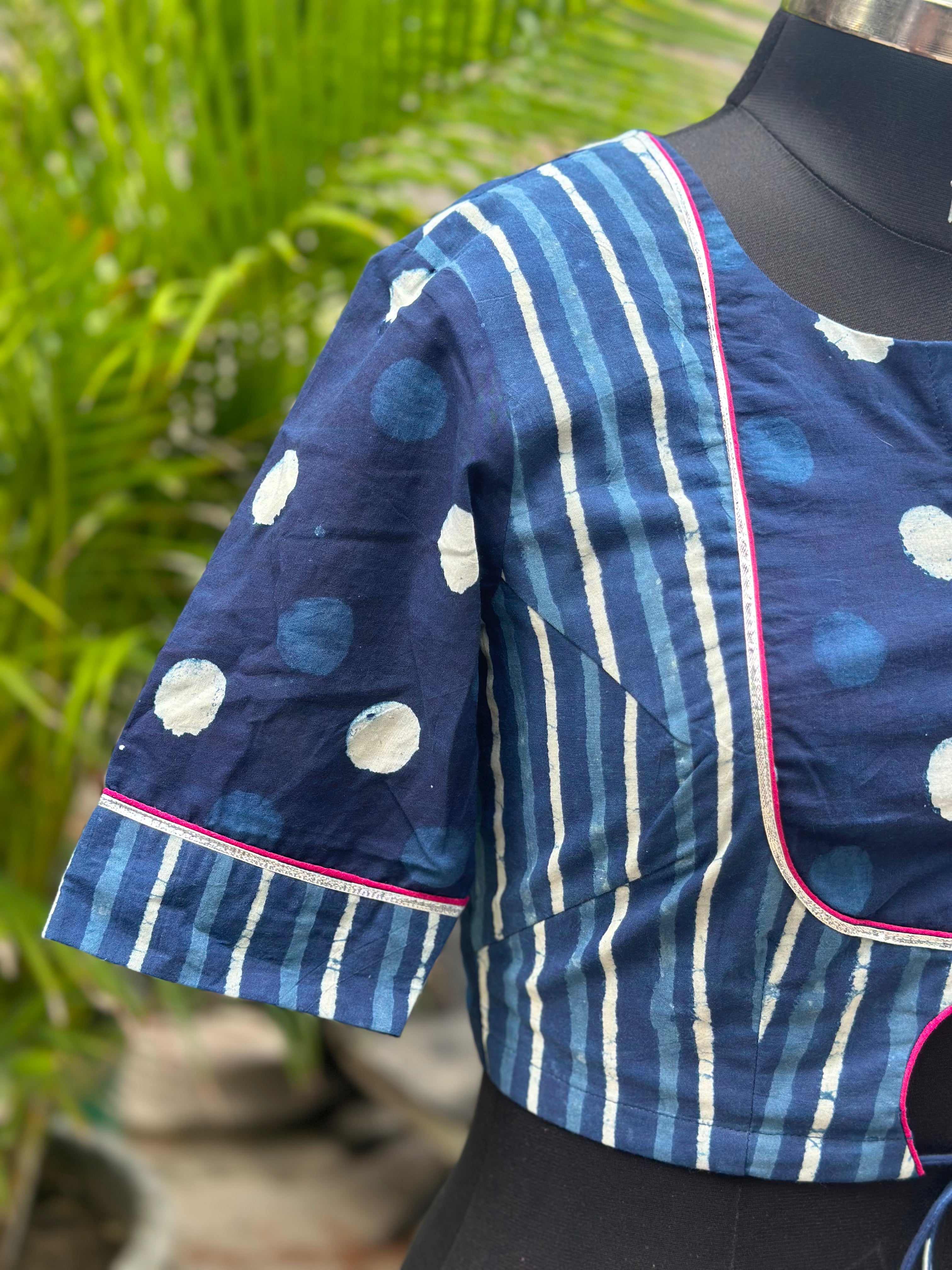 Indigo Dabu Handblock Pront Cotton Blouse with Sleeves and Gota Work