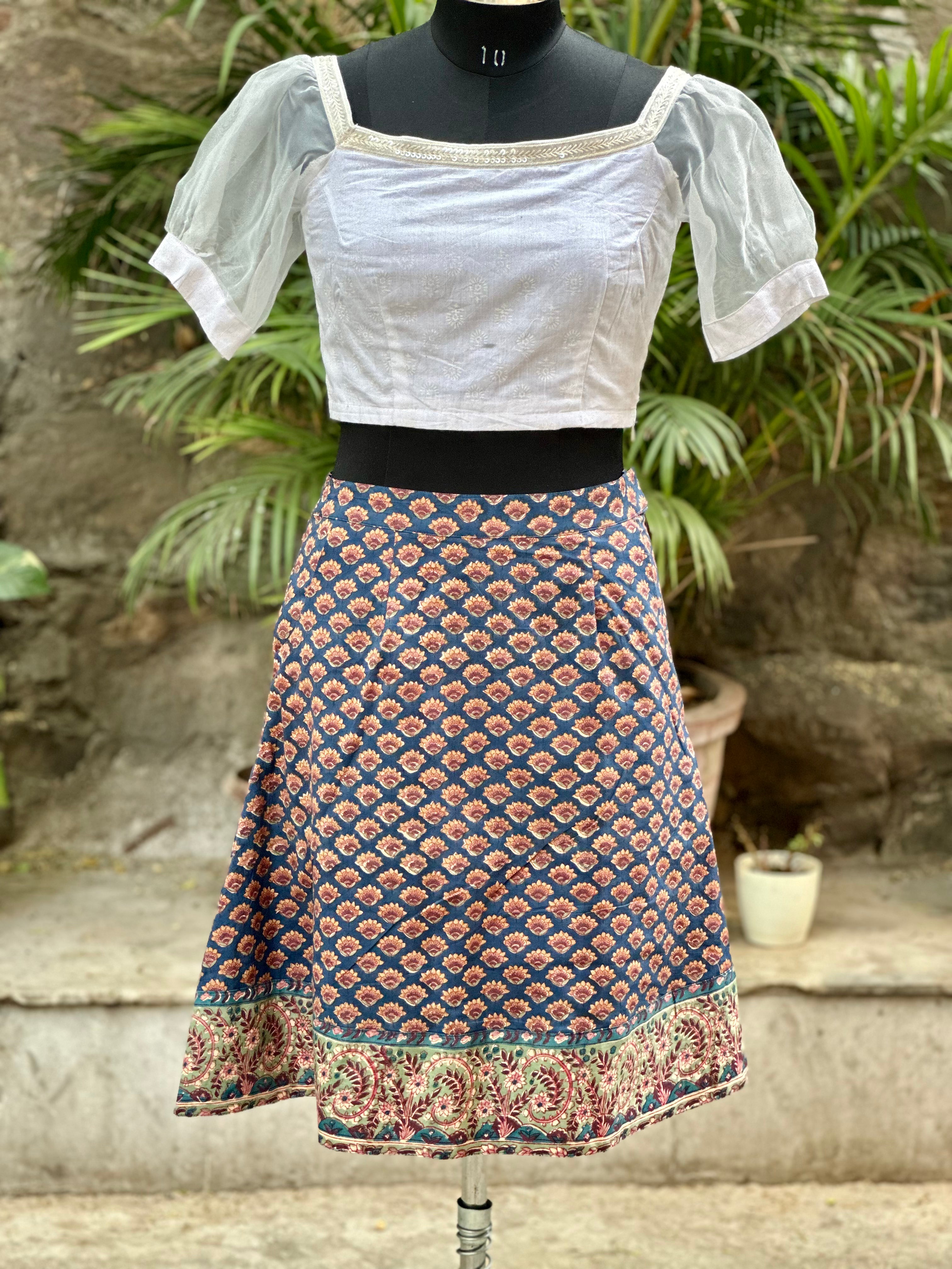 Sea green sanganeri handblock print A-line cotton skirt