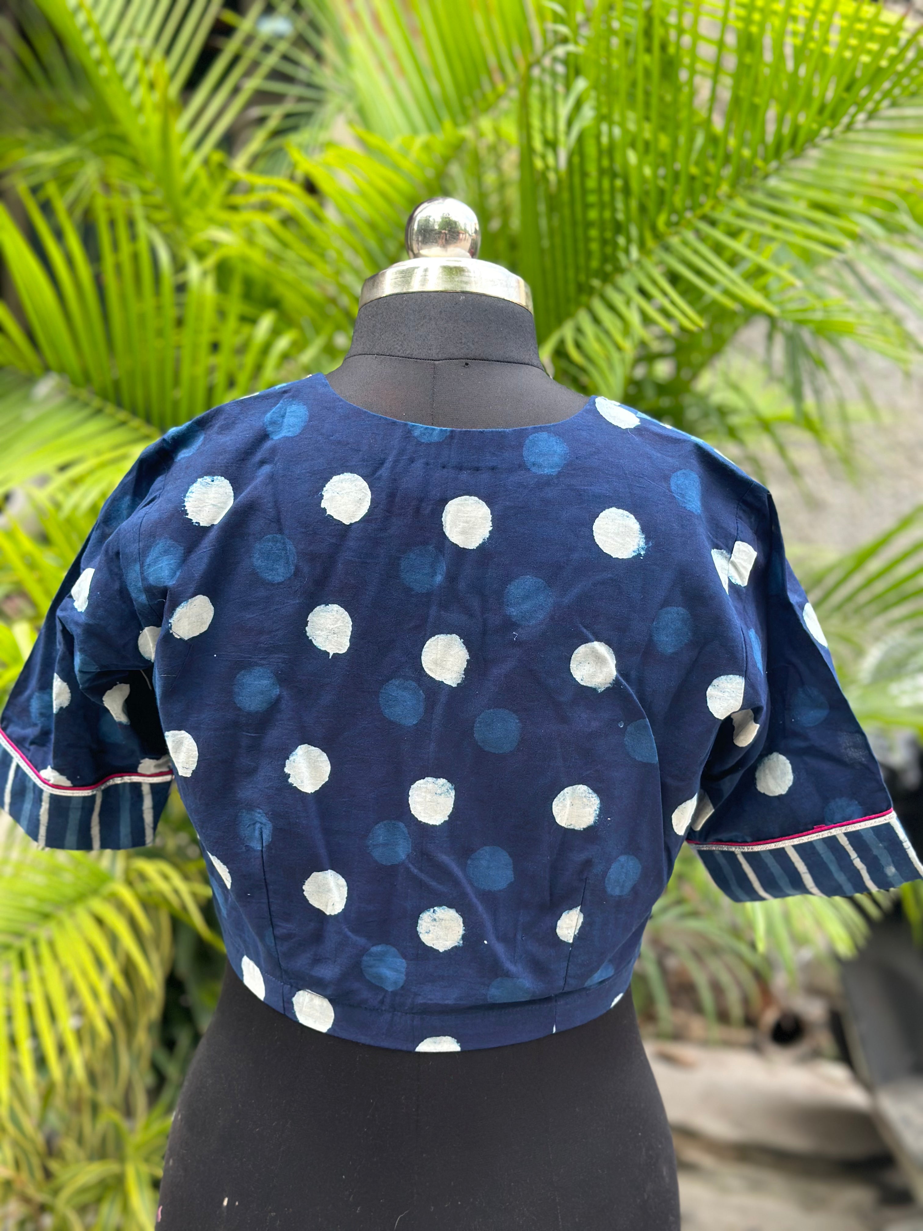 Indigo Dabu Handblock Pront Cotton Blouse with Sleeves and Gota Work