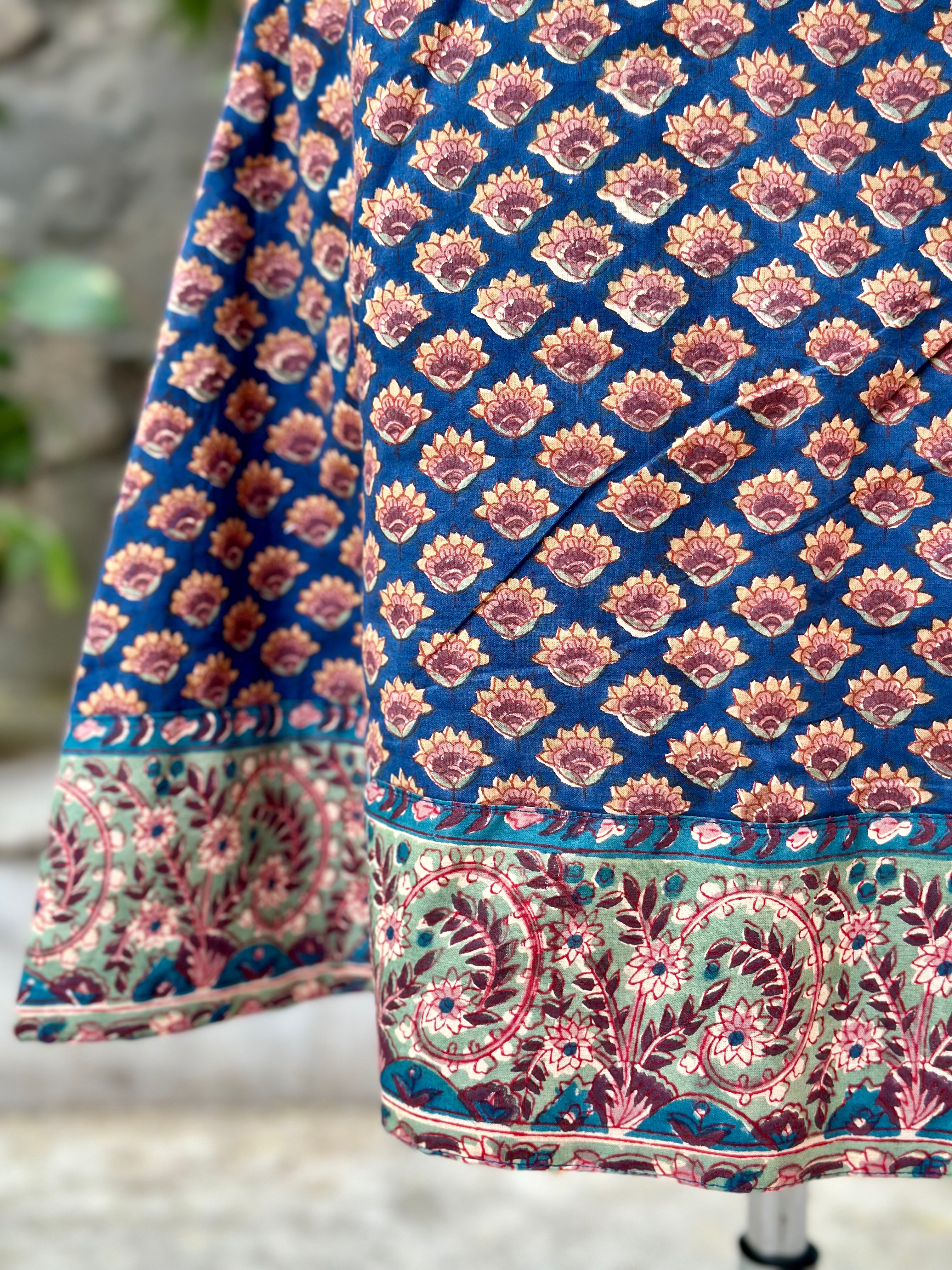 Sea green sanganeri handblock print A-line cotton skirt