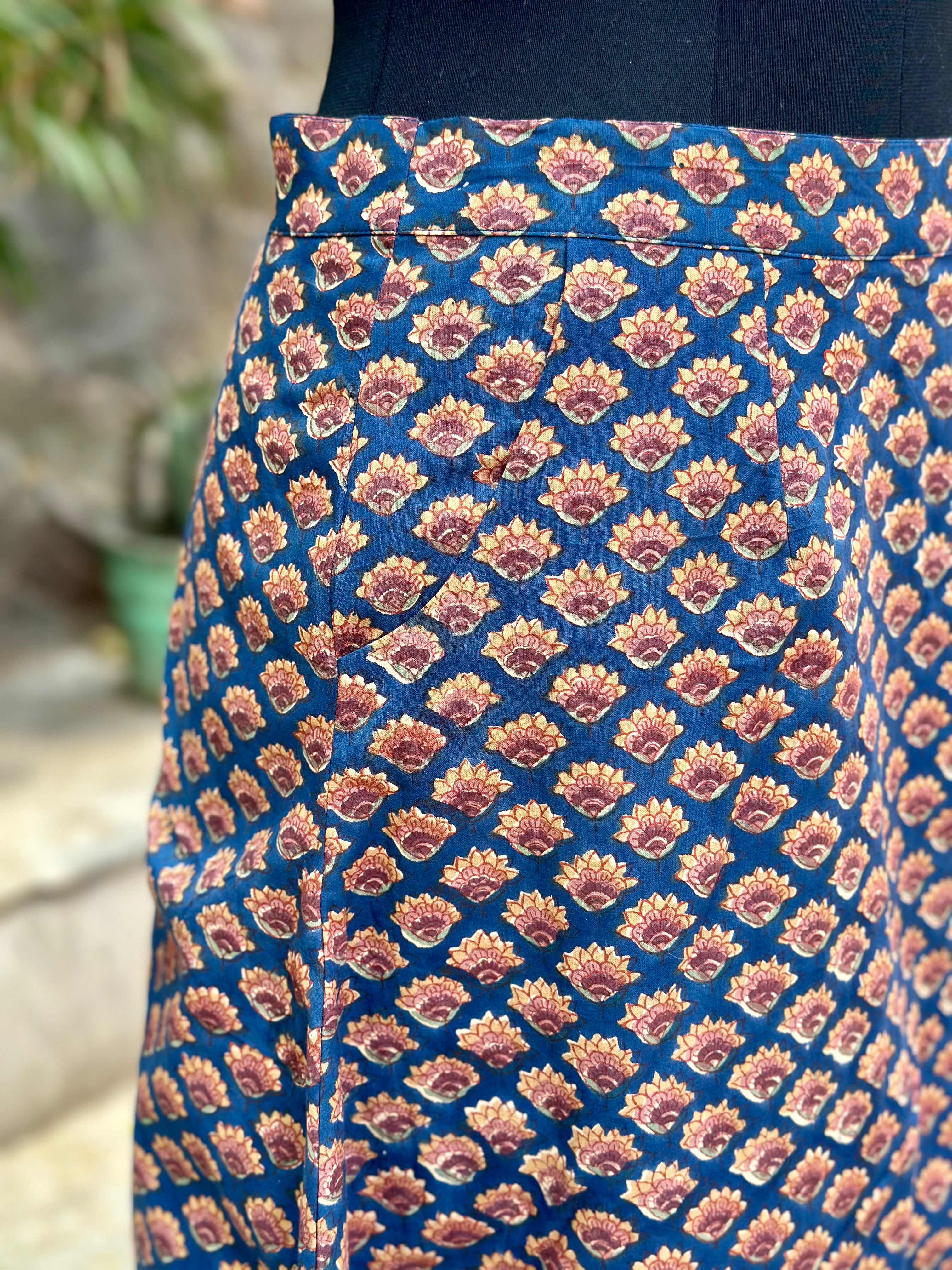 Sea green sanganeri handblock print A-line cotton skirt