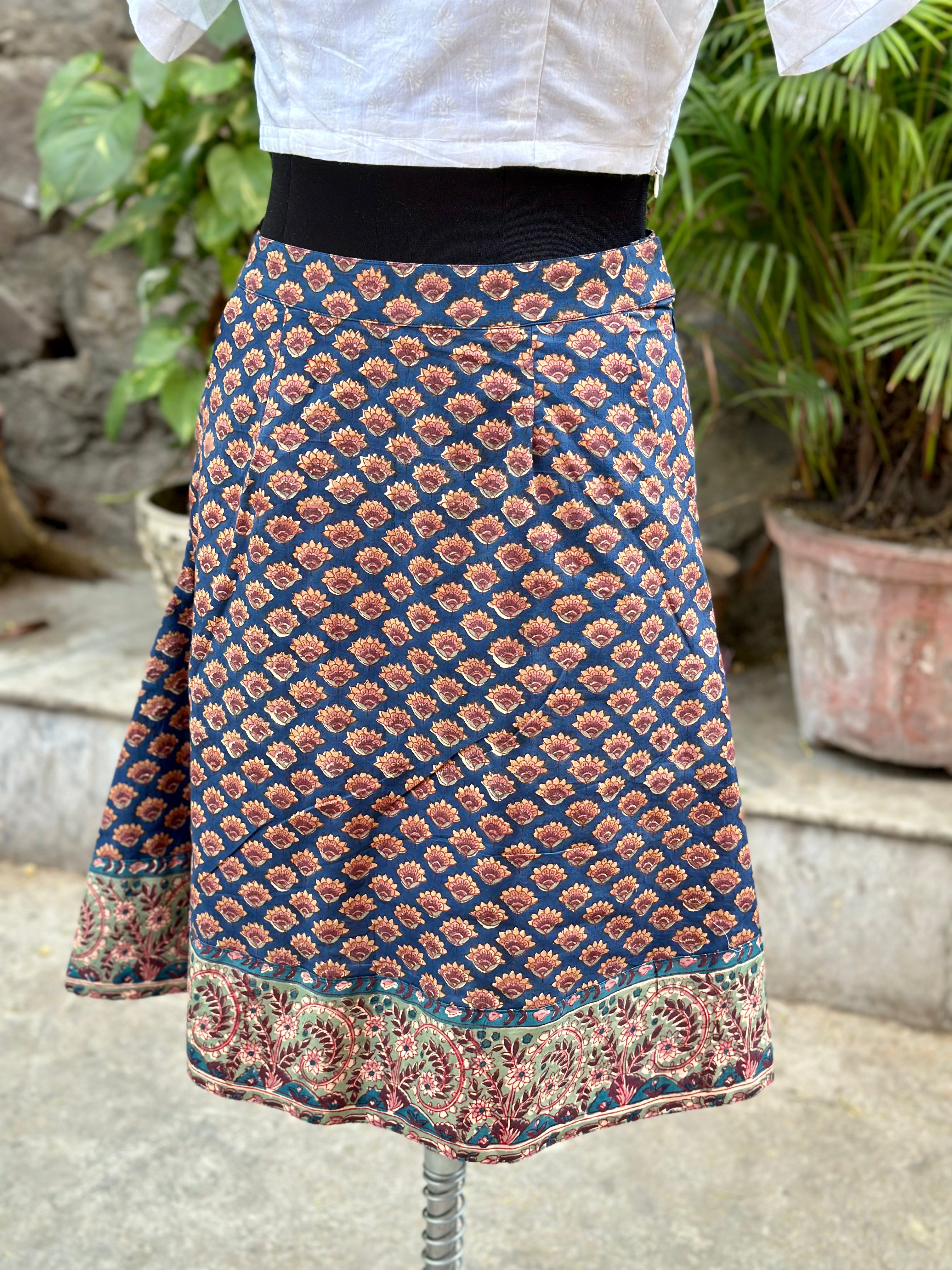 Sea green sanganeri handblock print A-line cotton skirt