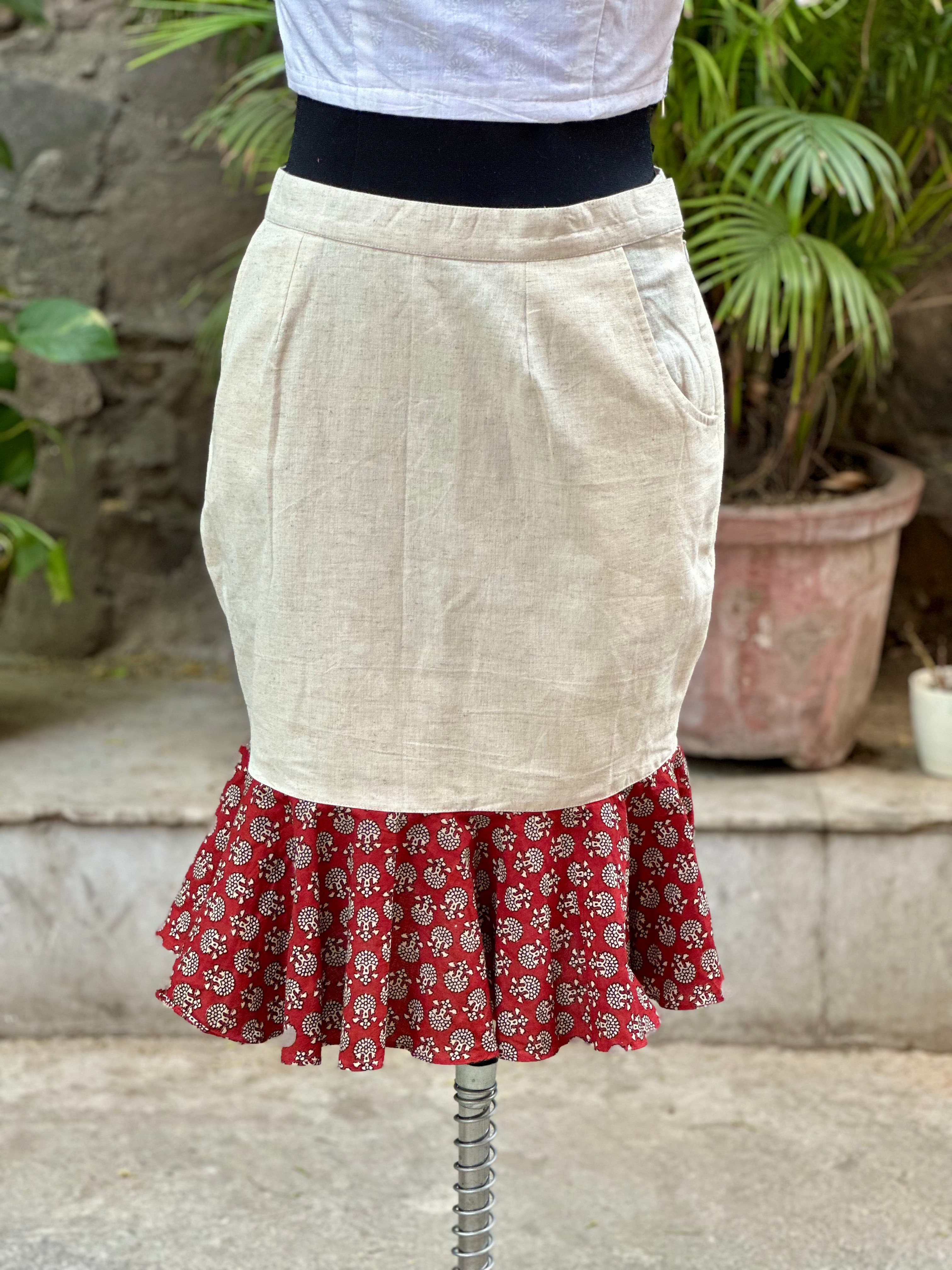 White mermaid cotton skirt with Red bagru handblock patch