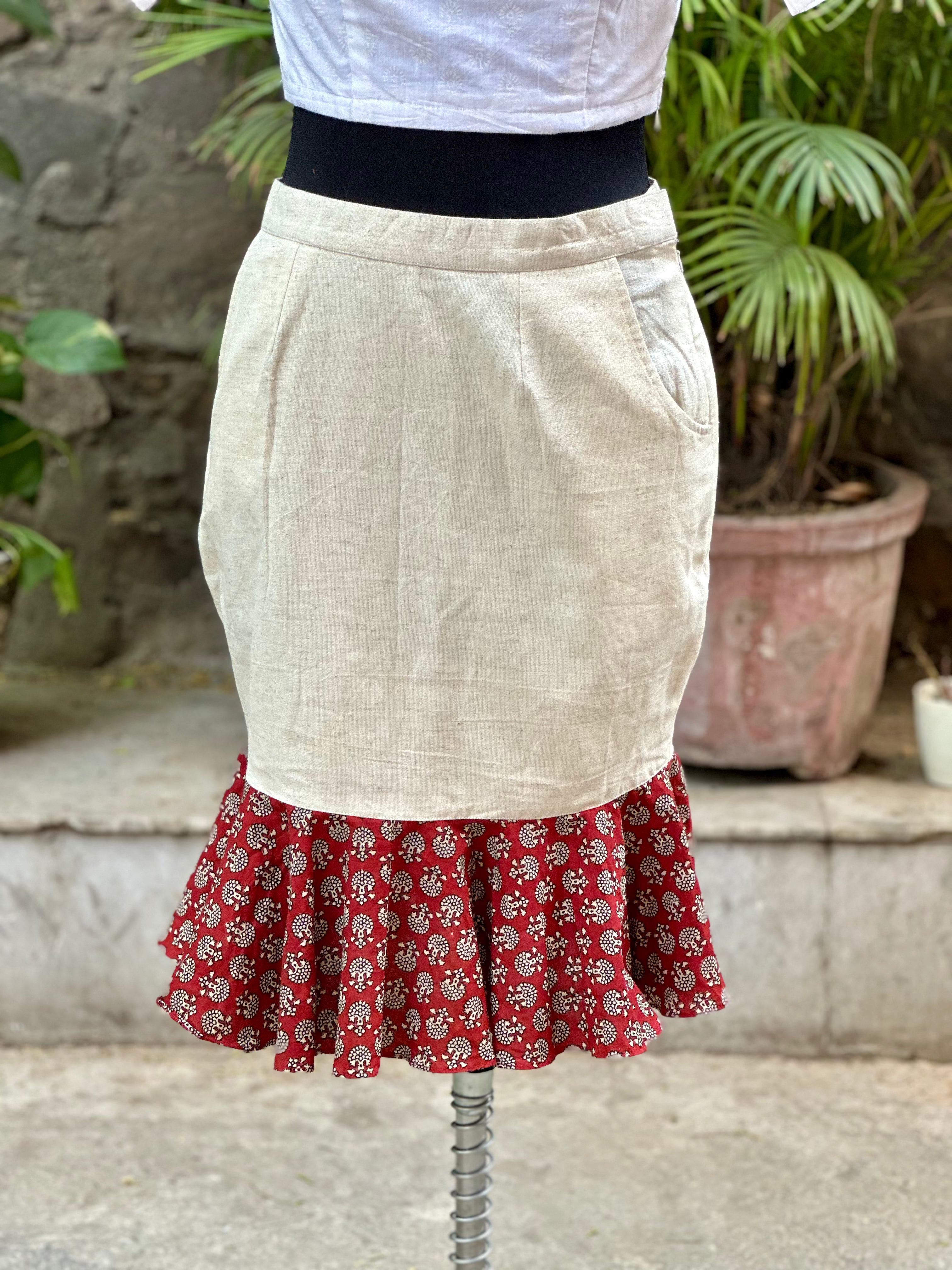 White mermaid cotton skirt with Red bagru handblock patch