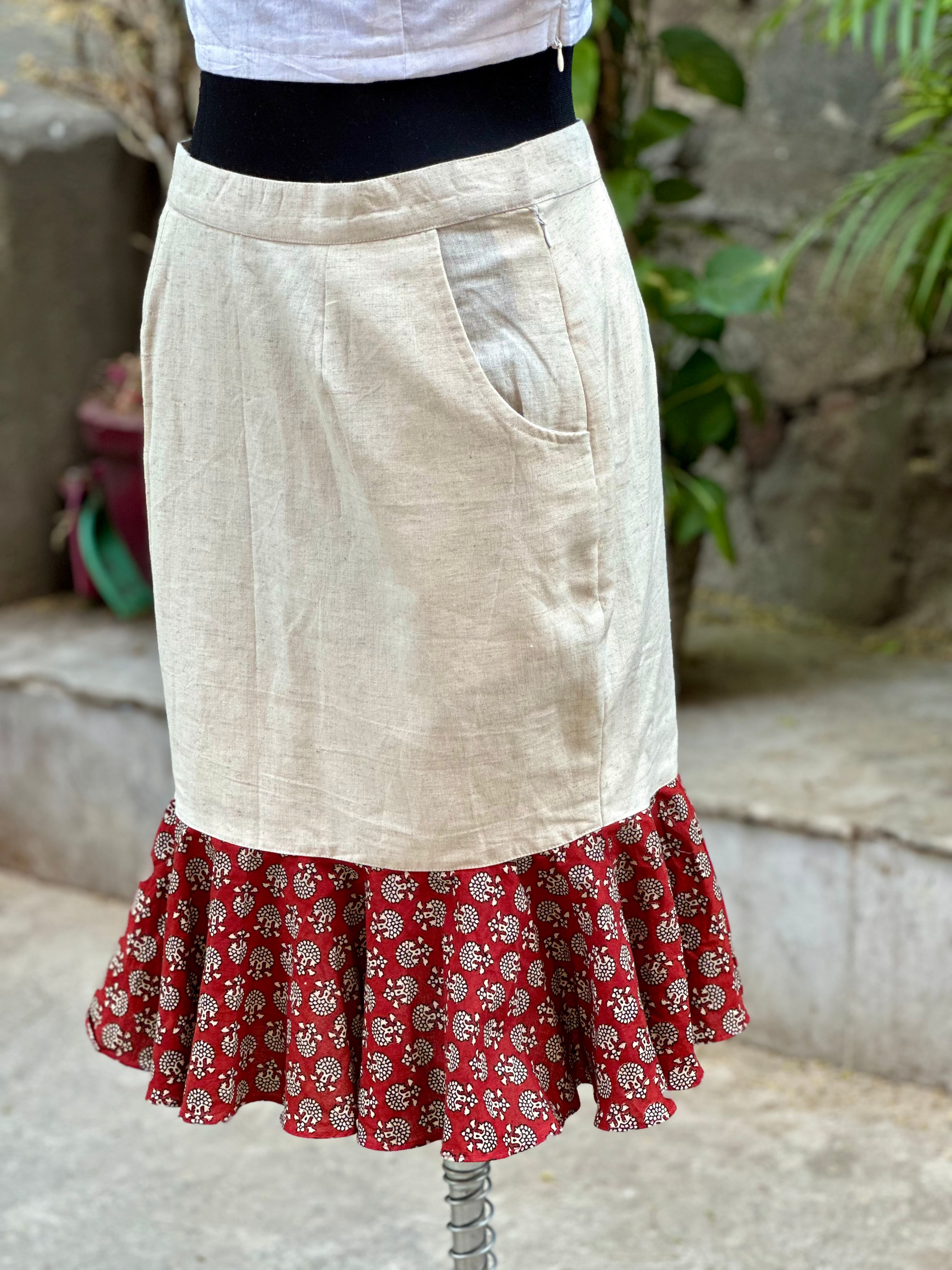 White mermaid cotton skirt with Red bagru handblock patch
