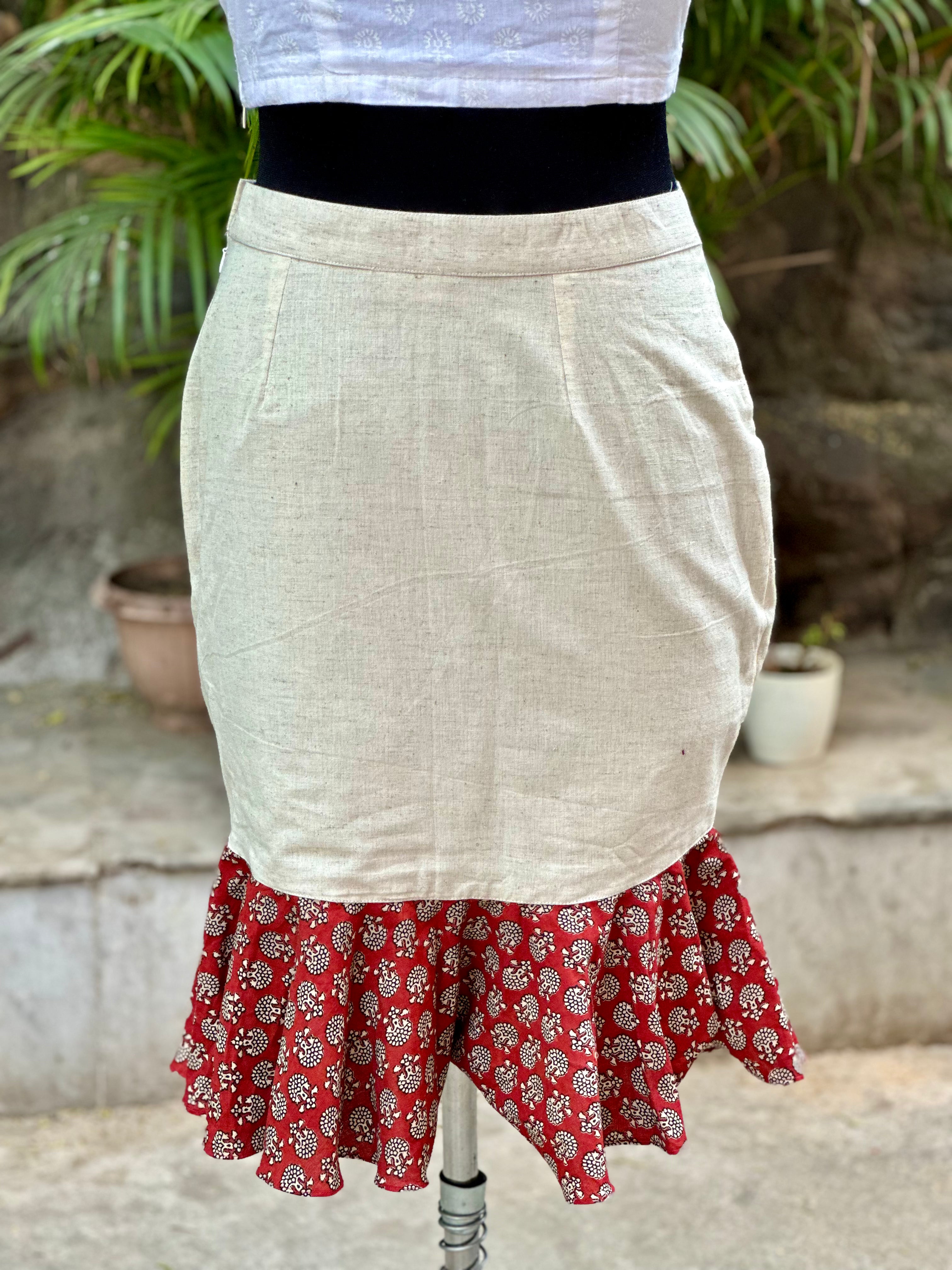 White mermaid cotton skirt with Red bagru handblock patch