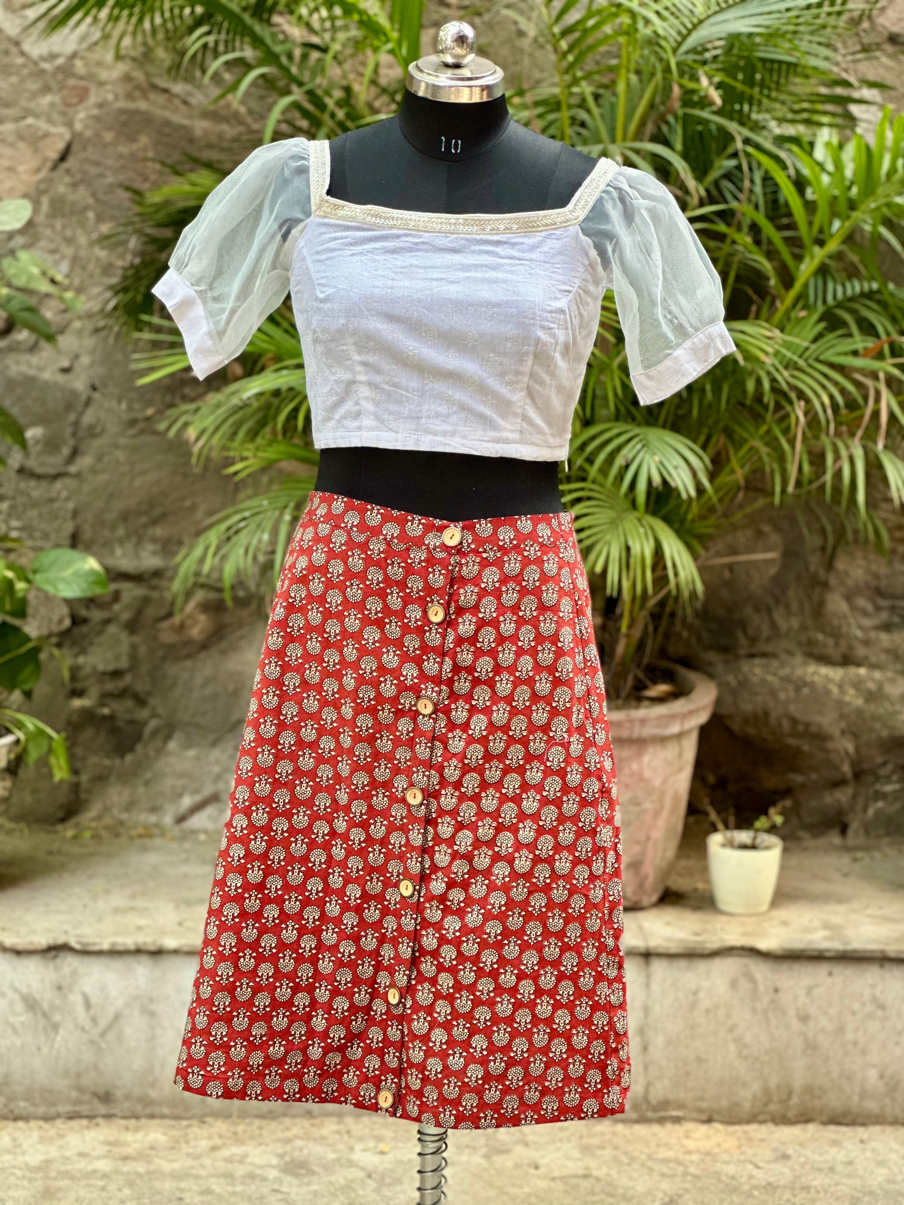 Red bagru handblock print A-line cotton skirts with wooden buttons