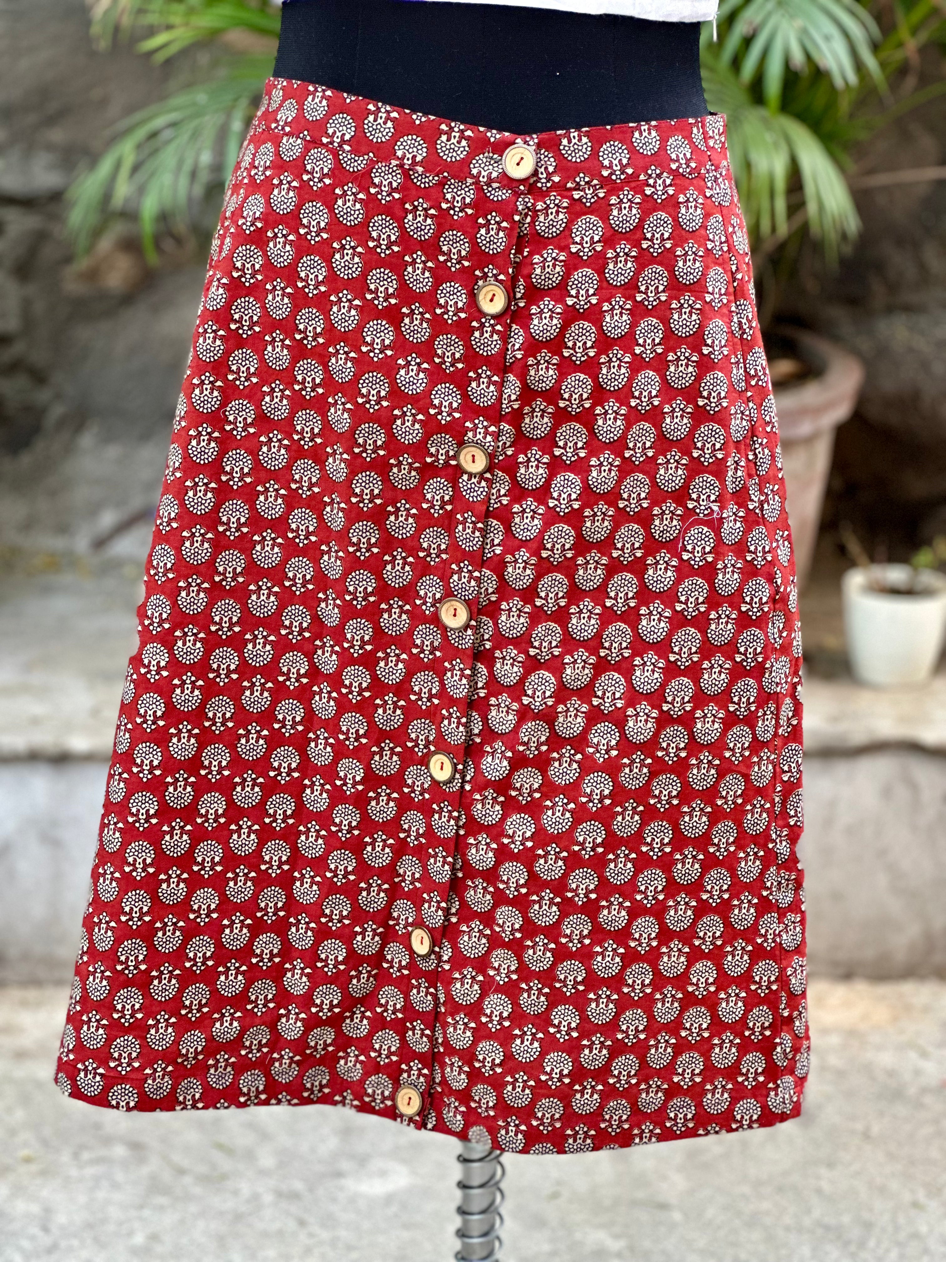Red bagru handblock print A-line cotton skirts with wooden buttons