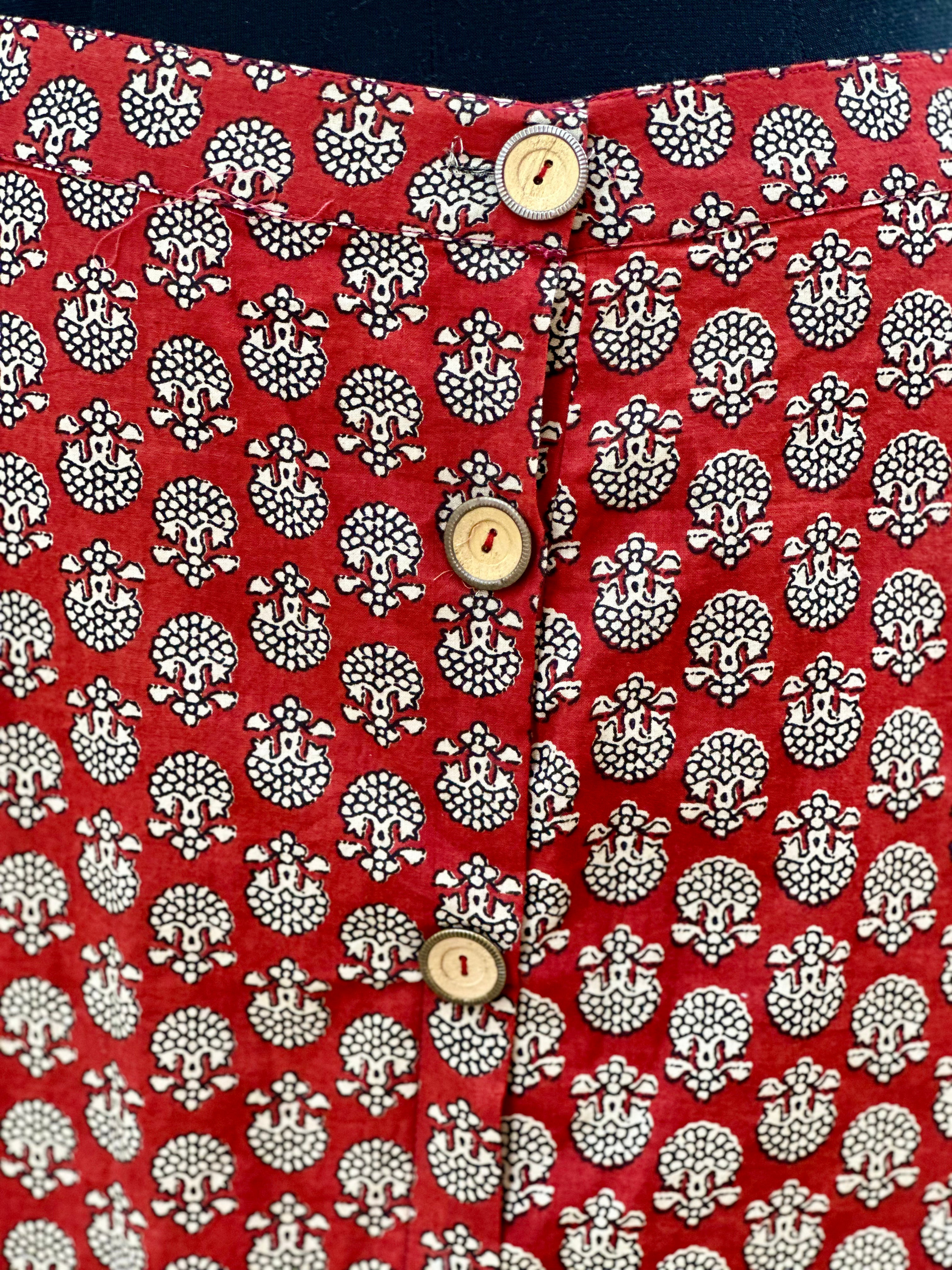Red bagru handblock print A-line cotton skirts with wooden buttons