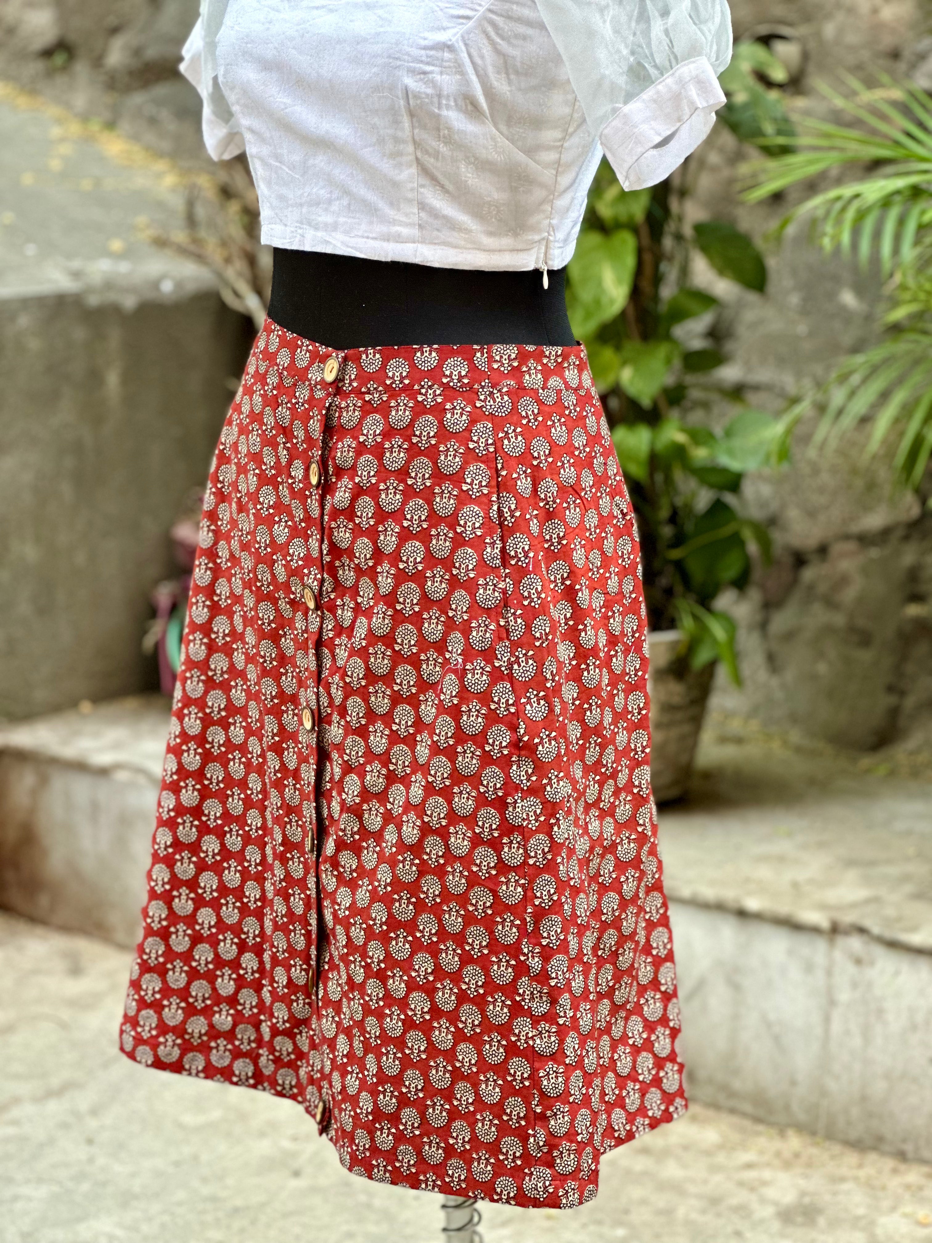 Red bagru handblock print A-line cotton skirts with wooden buttons