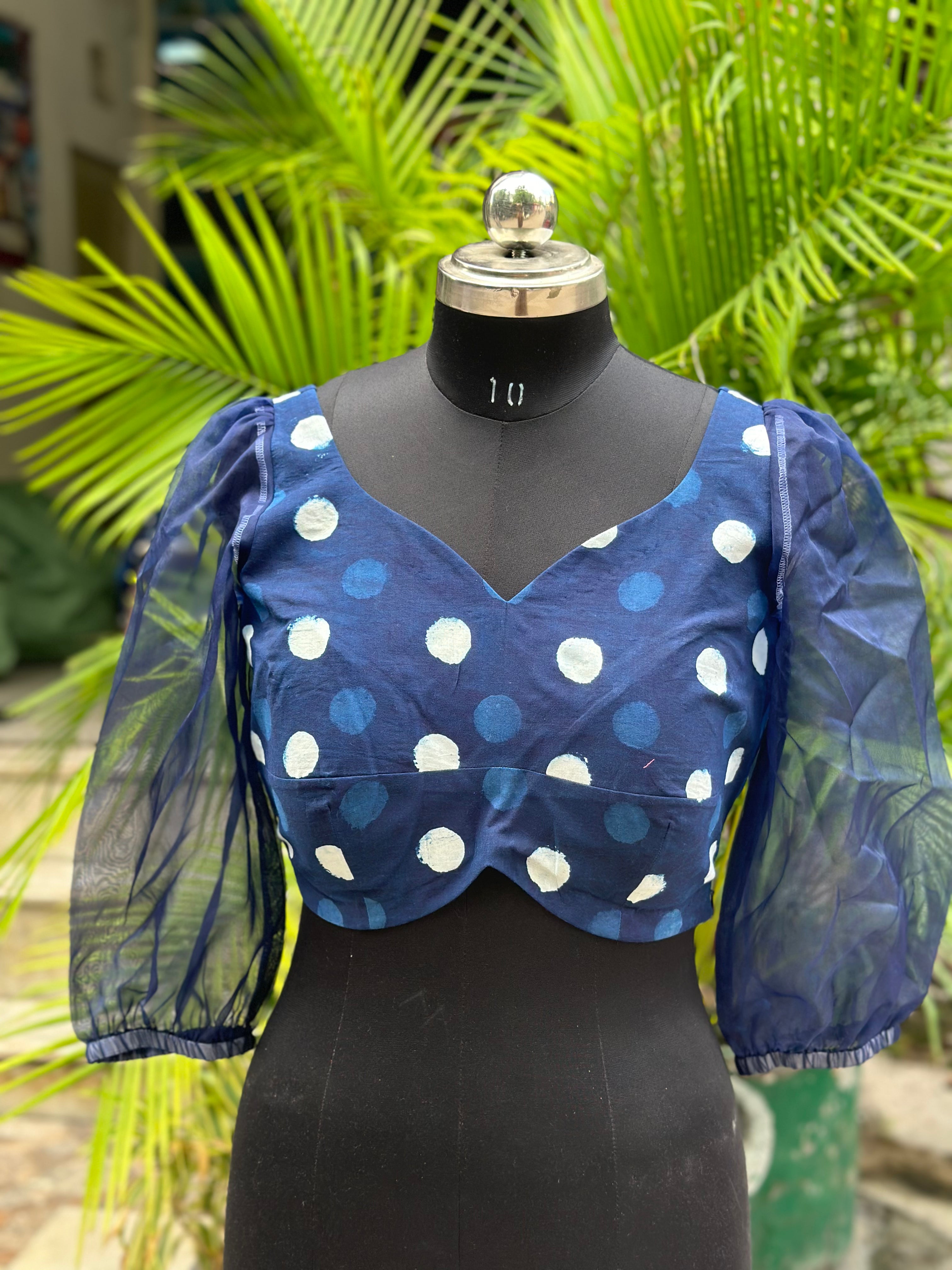 Indigo Dabu Handblock Print Cotton Blouse with Organza Sleeves