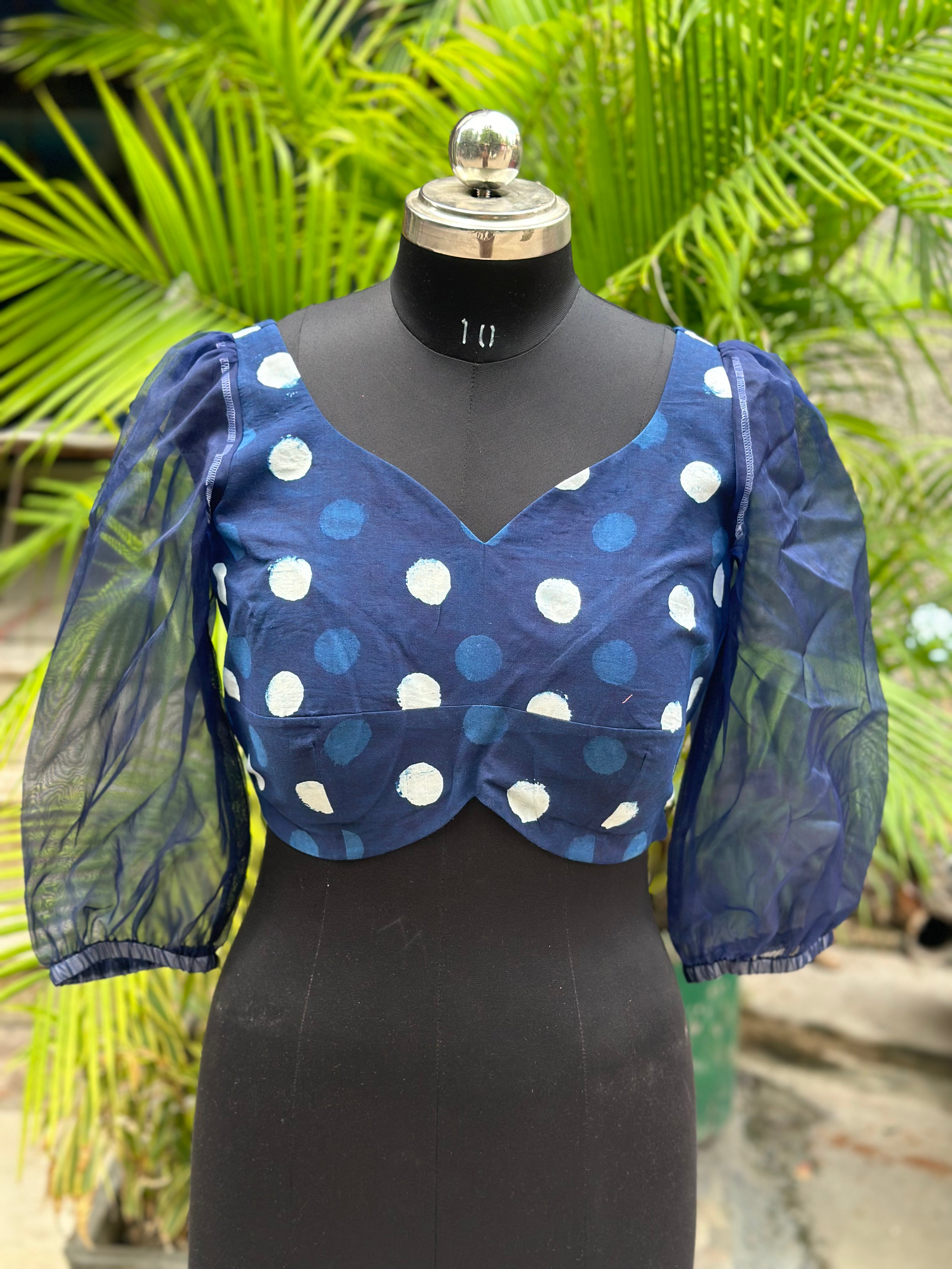 Indigo Dabu Handblock Print Cotton Blouse with Organza Sleeves