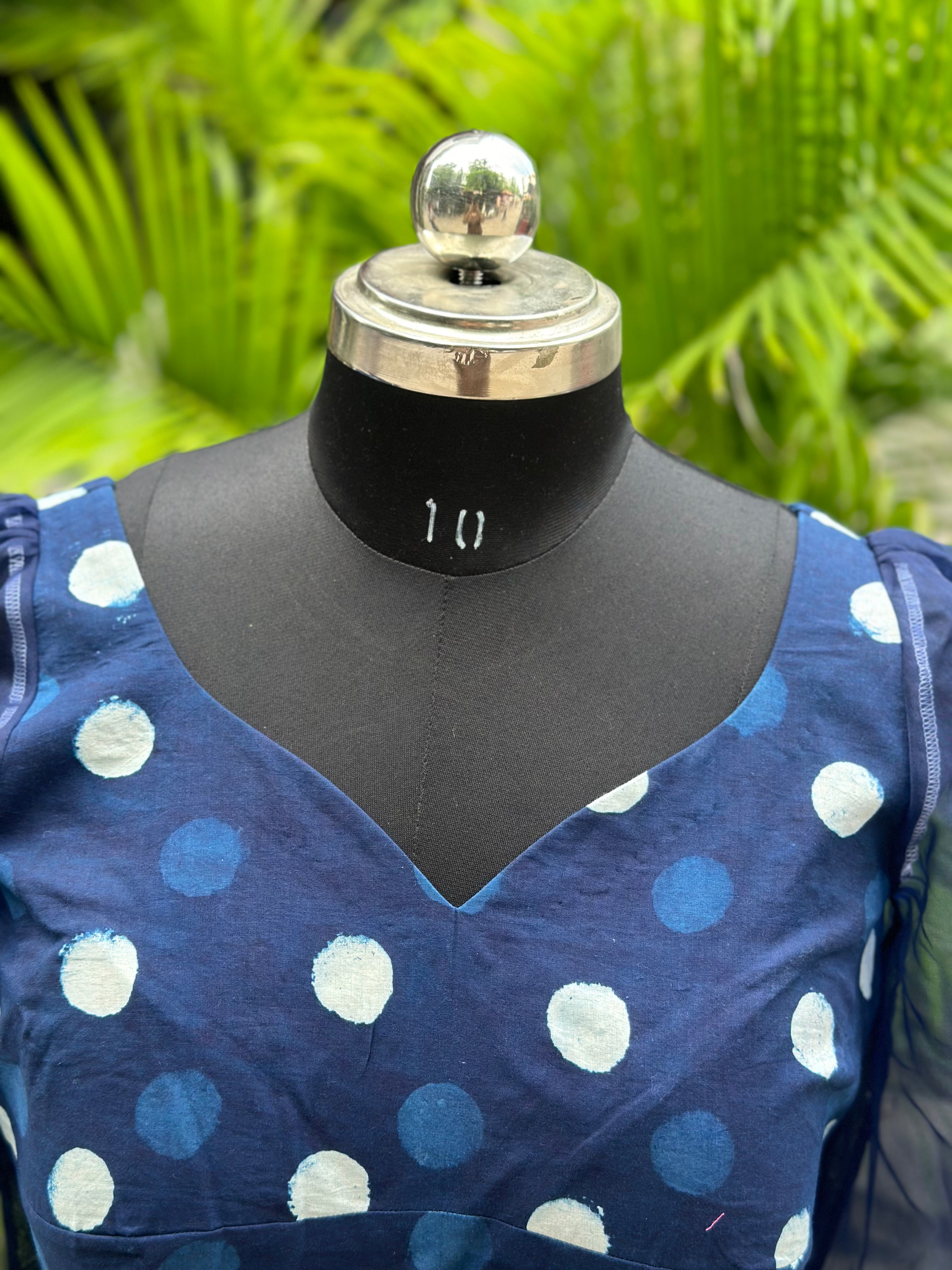 Indigo Dabu Handblock Print Cotton Blouse with Organza Sleeves