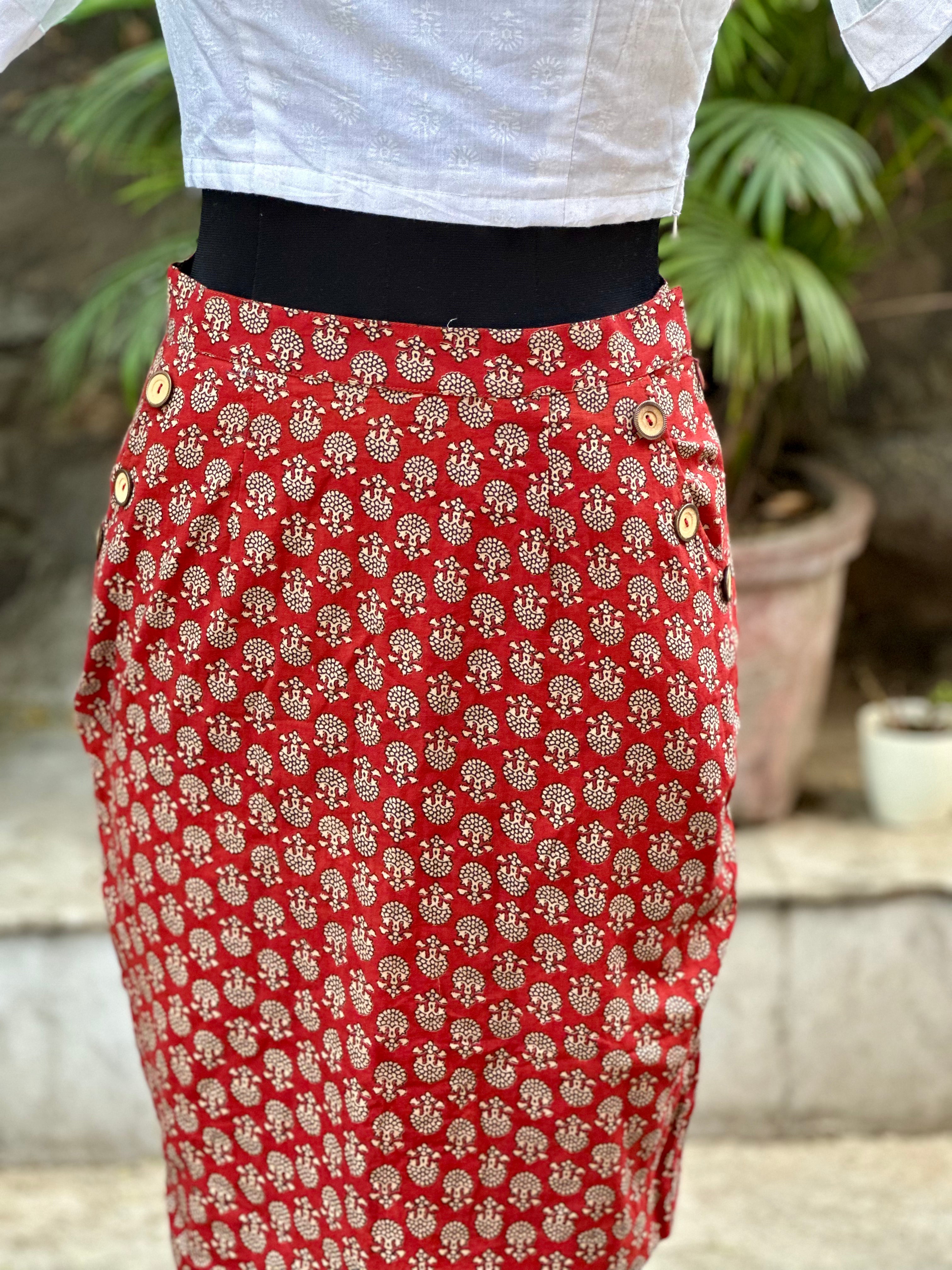 Red bagru handblock print pencil skirt