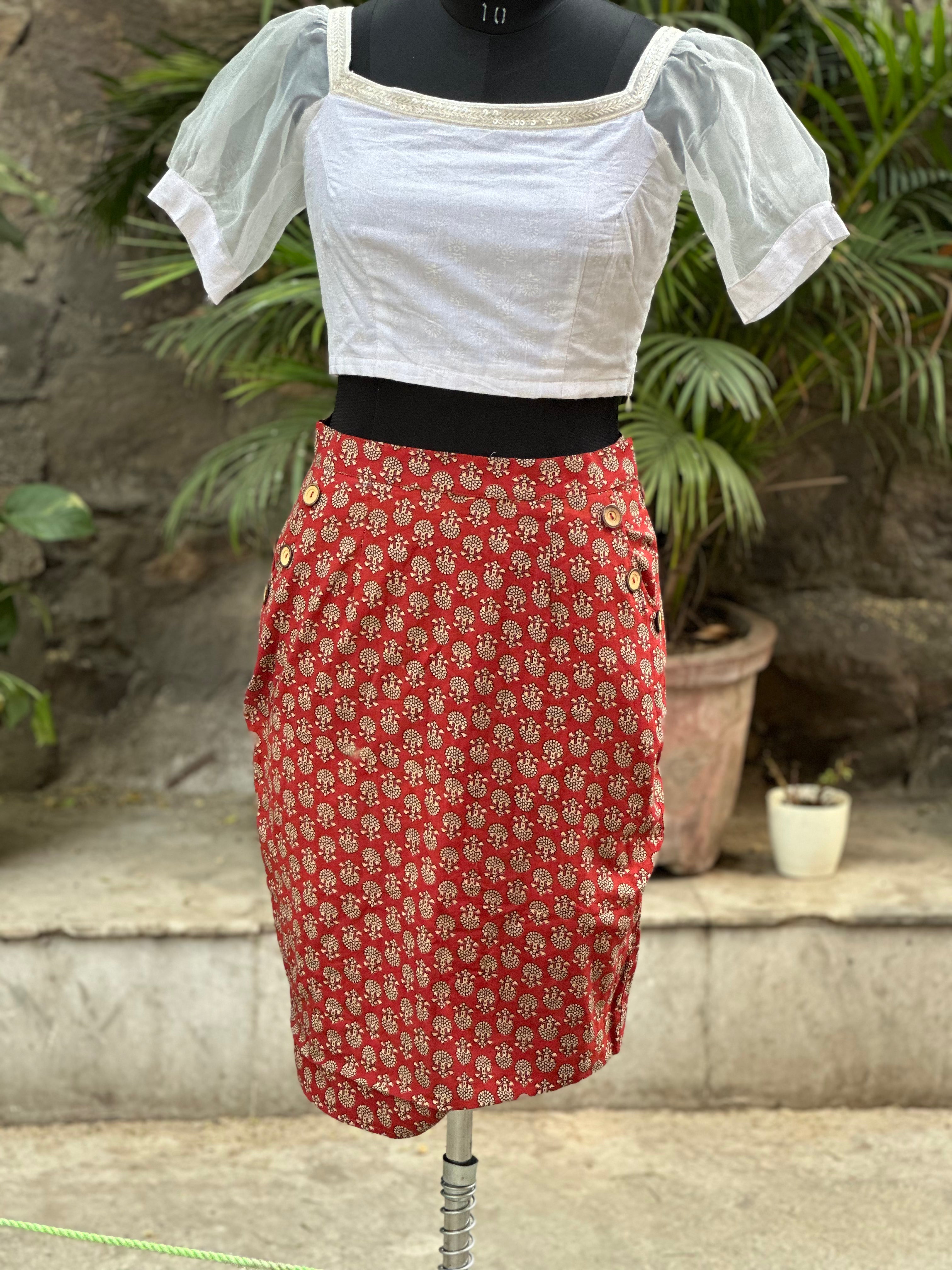 Red bagru handblock print pencil skirt