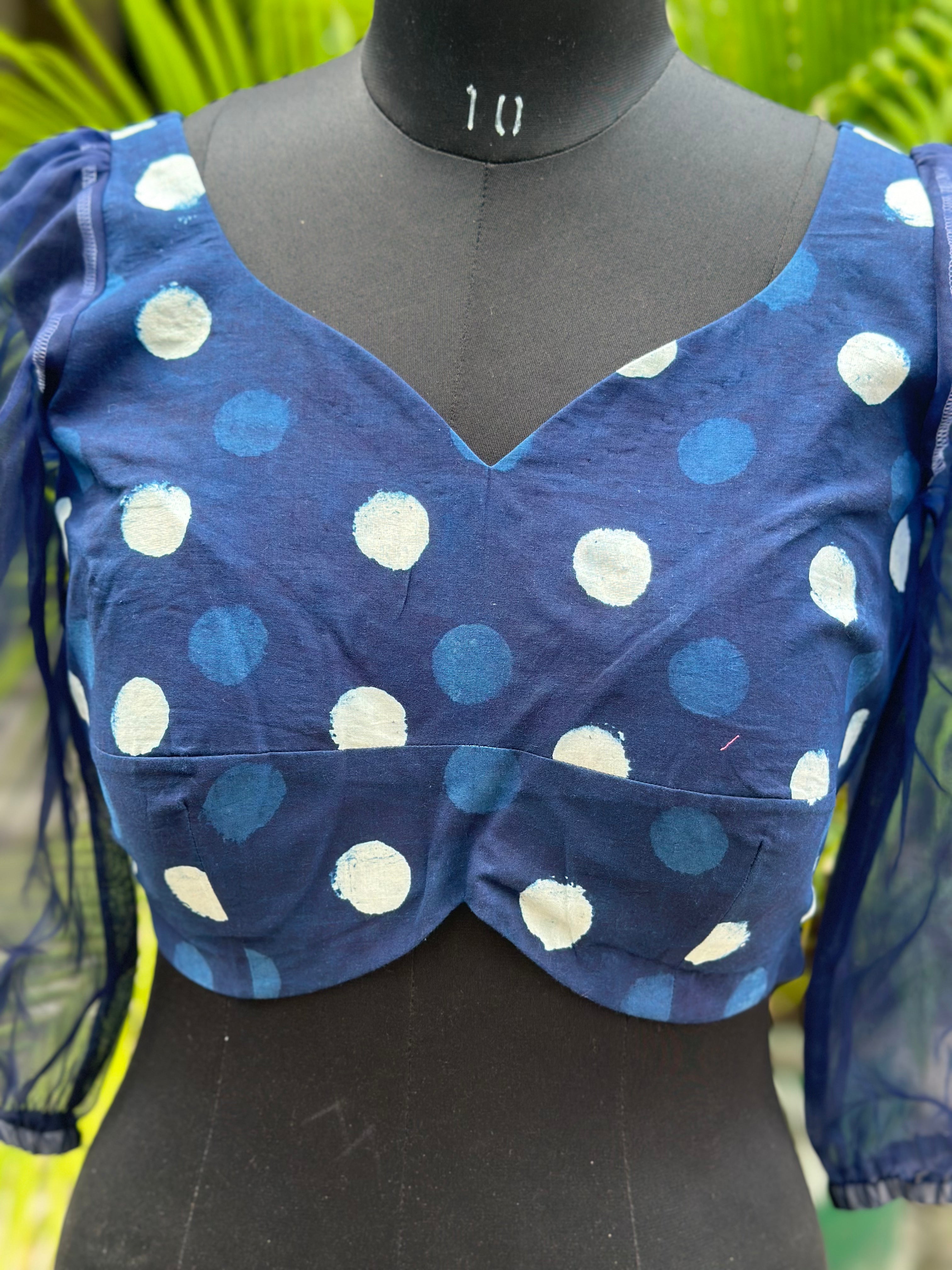Indigo Dabu Handblock Print Cotton Blouse with Organza Sleeves